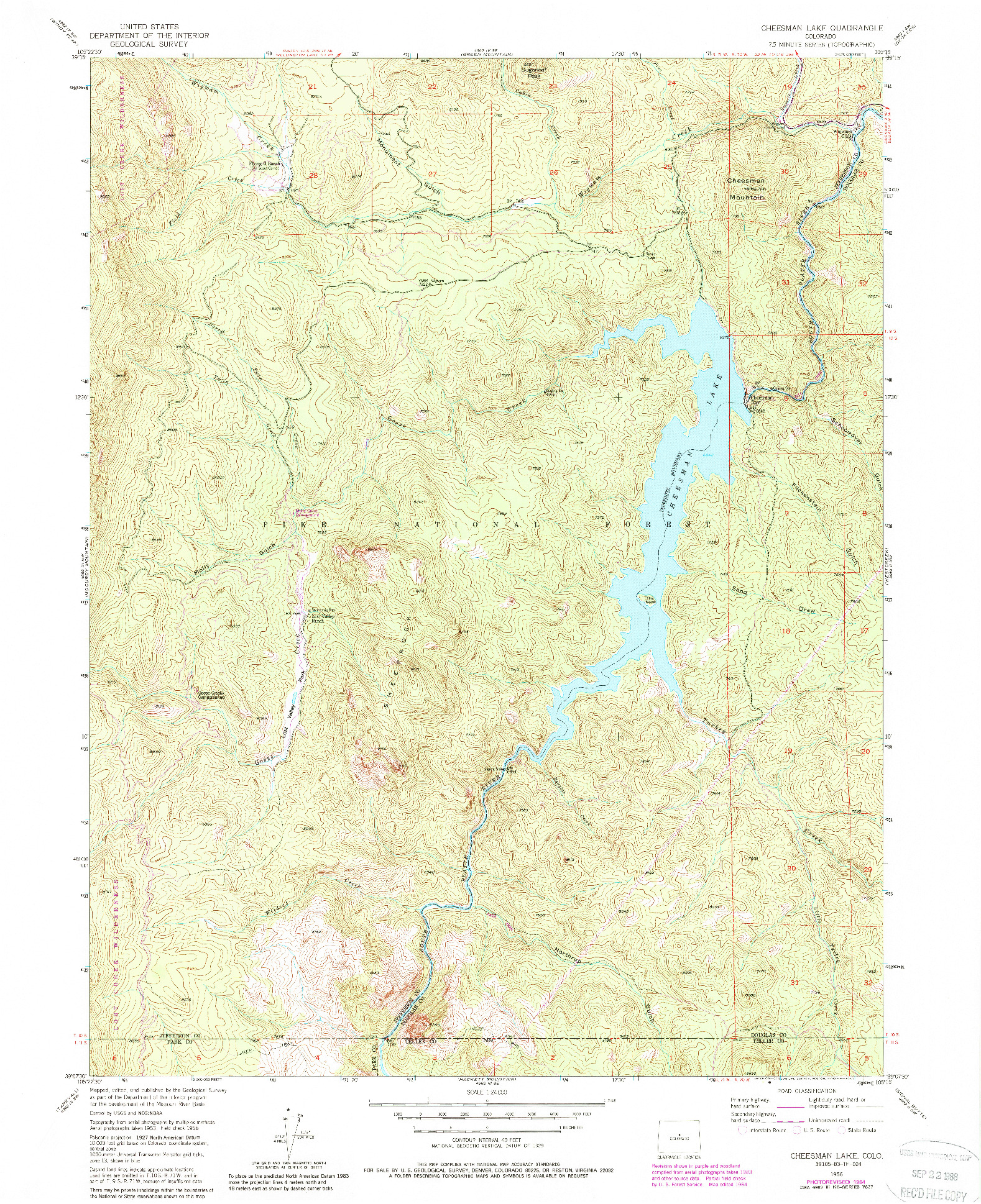 USGS 1:24000-SCALE QUADRANGLE FOR CHEESMAN LAKE, CO 1956