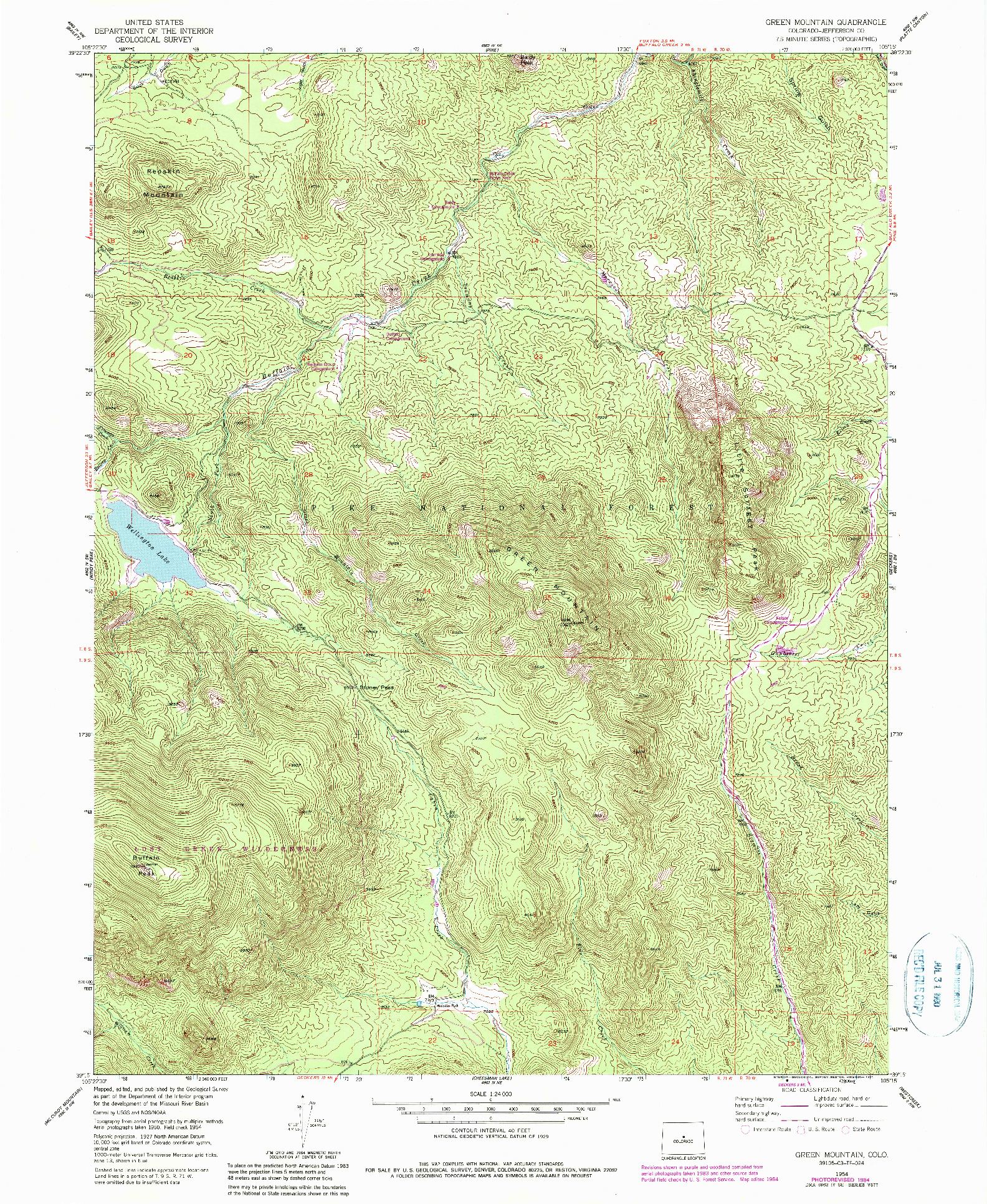 USGS 1:24000-SCALE QUADRANGLE FOR GREEN MOUNTAIN, CO 1954