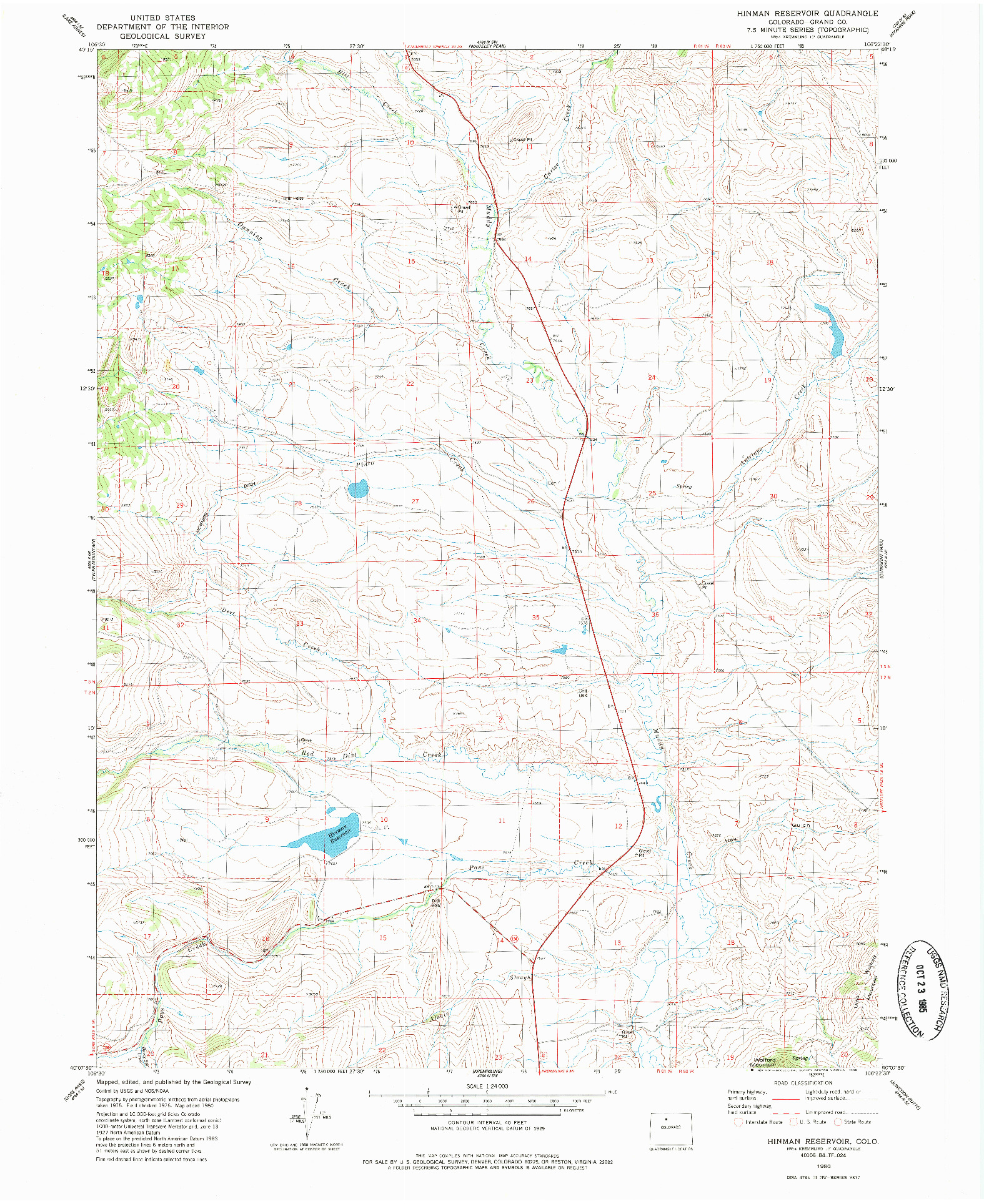 USGS 1:24000-SCALE QUADRANGLE FOR HINMAN RESERVOIR, CO 1980