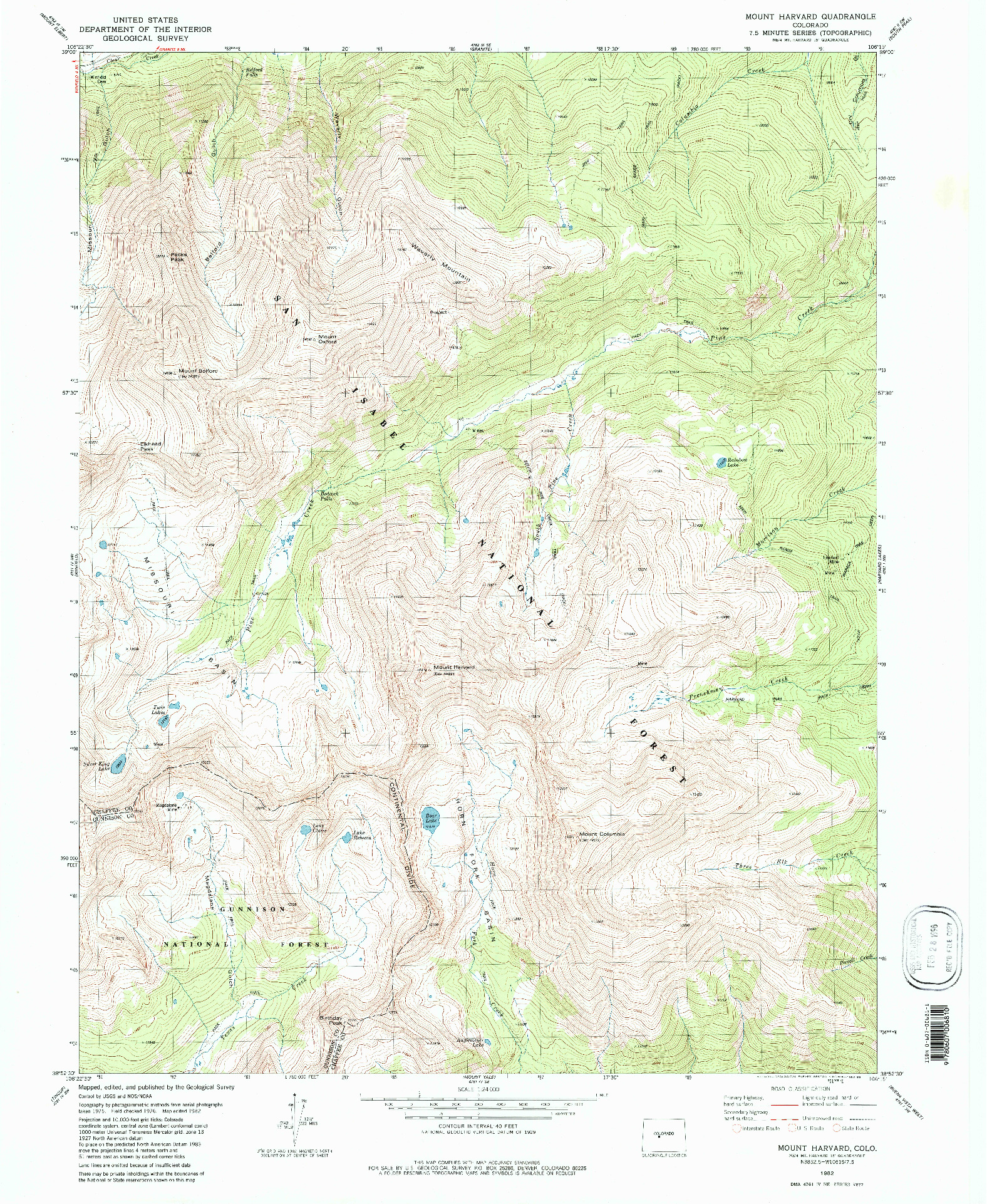 USGS 1:24000-SCALE QUADRANGLE FOR MOUNT HARVARD, CO 1982