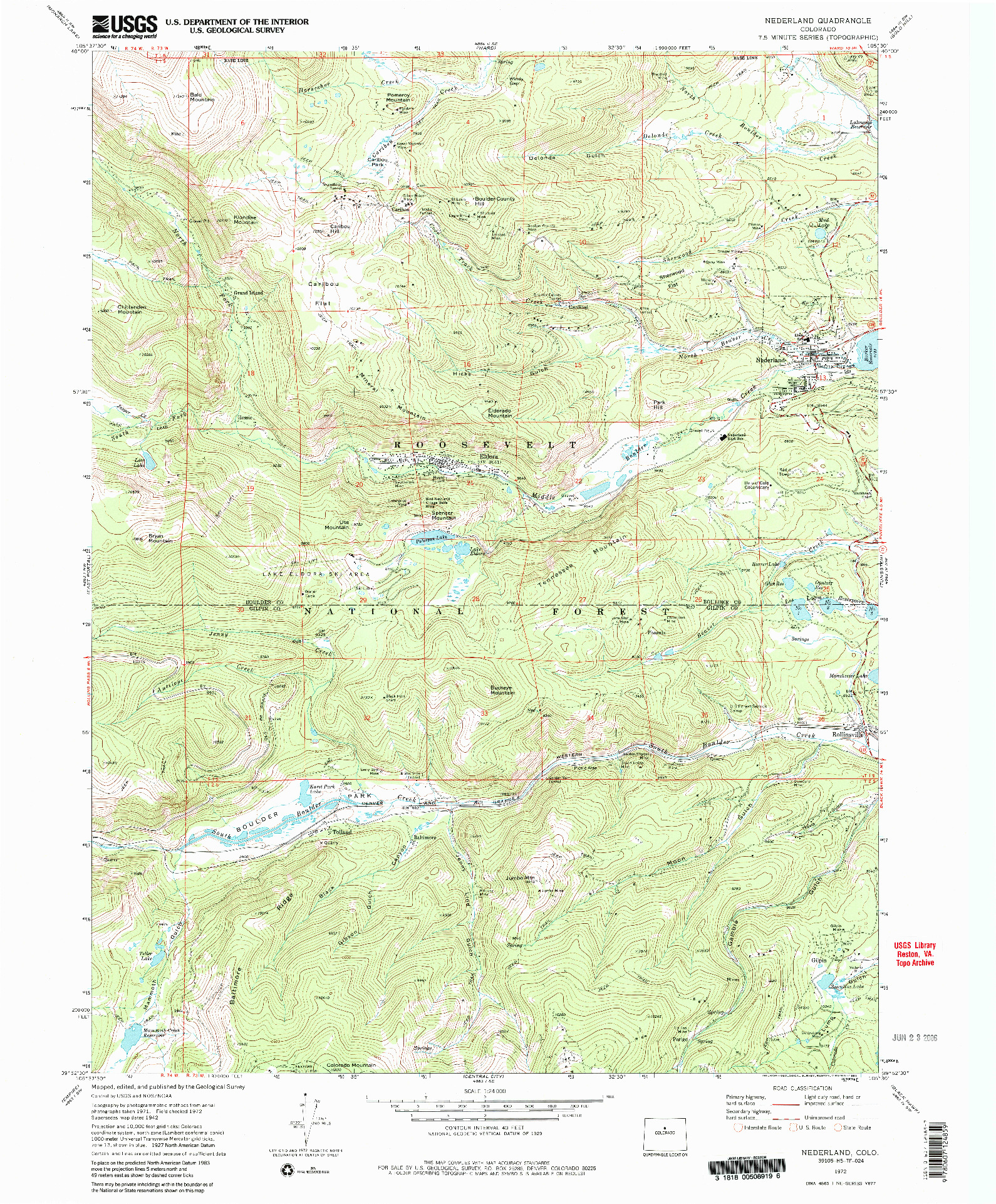USGS 1:24000-SCALE QUADRANGLE FOR NEDERLAND, CO 1972