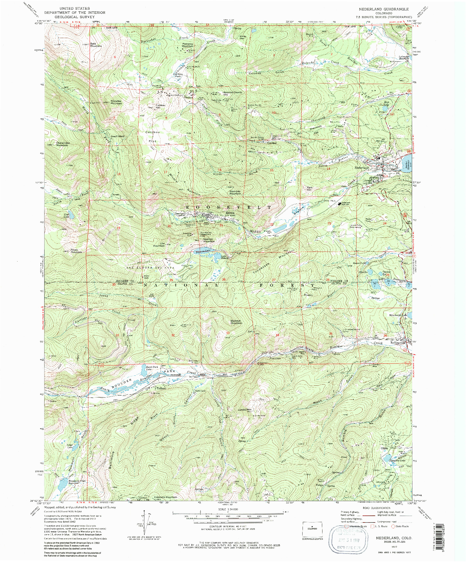 USGS 1:24000-SCALE QUADRANGLE FOR NEDERLAND, CO 1972