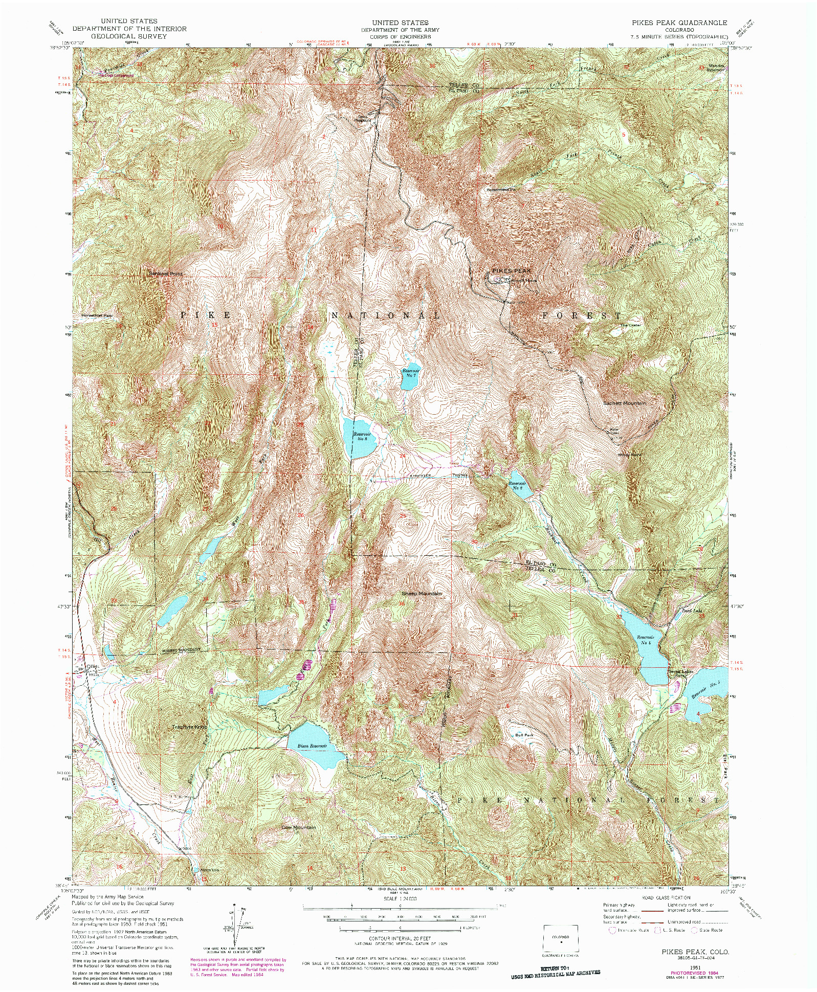 USGS 1:24000-SCALE QUADRANGLE FOR PIKES PEAK, CO 1951