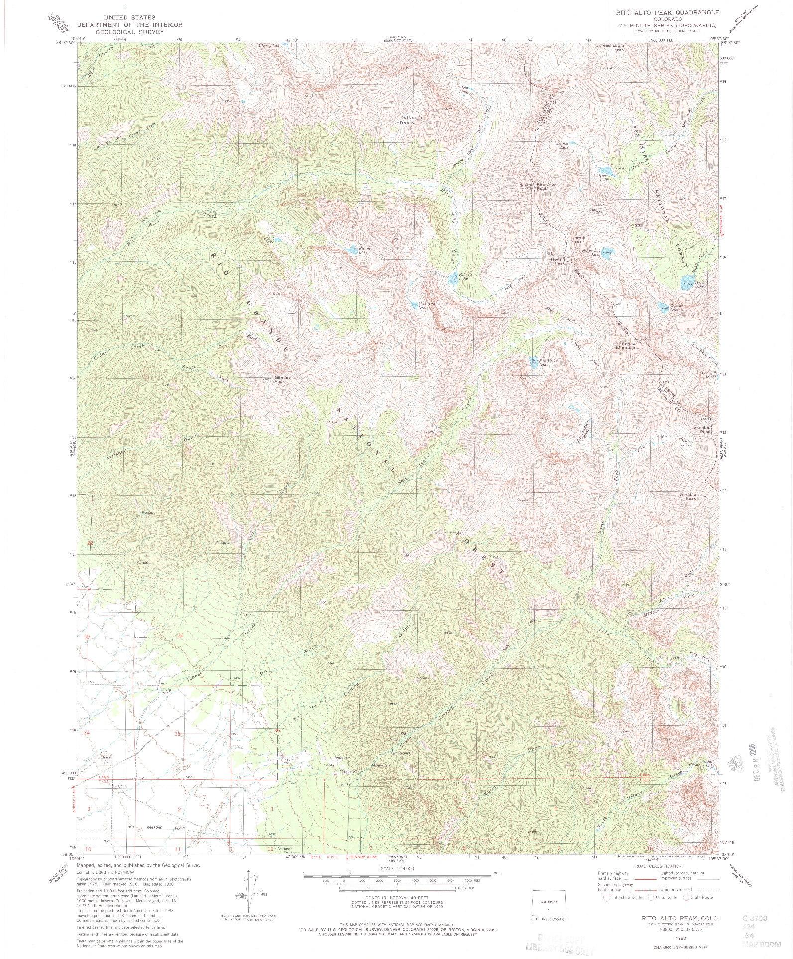 USGS 1:24000-SCALE QUADRANGLE FOR RITO ALTO PEAK, CO 1980