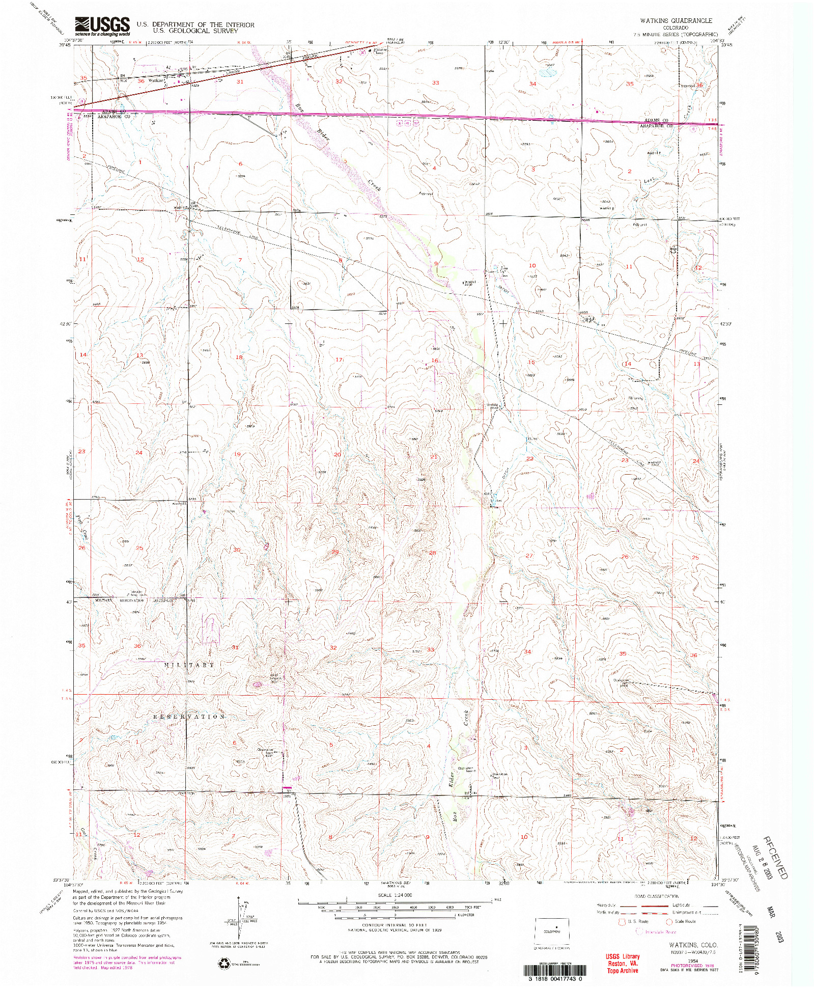 USGS 1:24000-SCALE QUADRANGLE FOR WATKINS, CO 1954