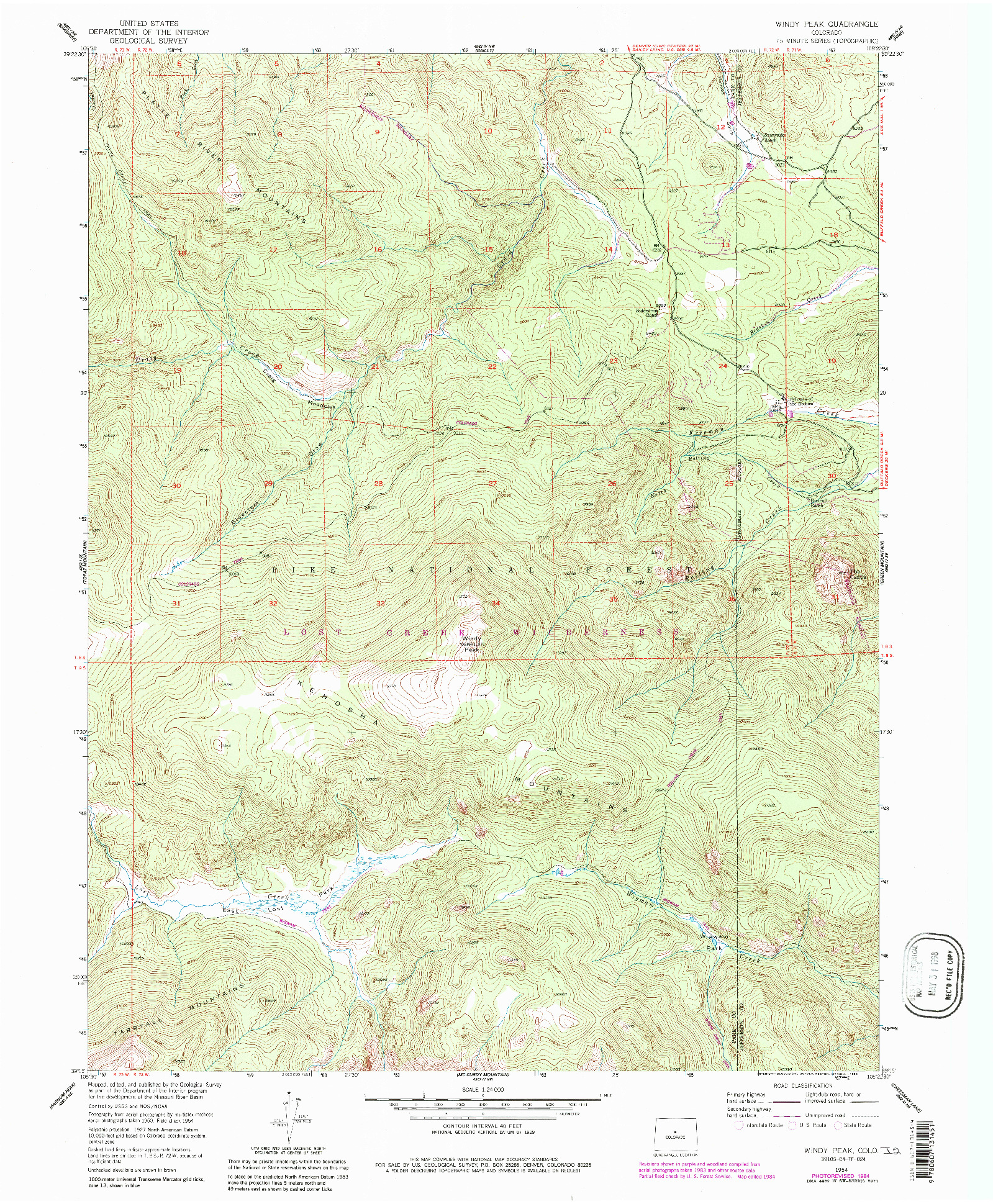 USGS 1:24000-SCALE QUADRANGLE FOR WINDY PEAK, CO 1954