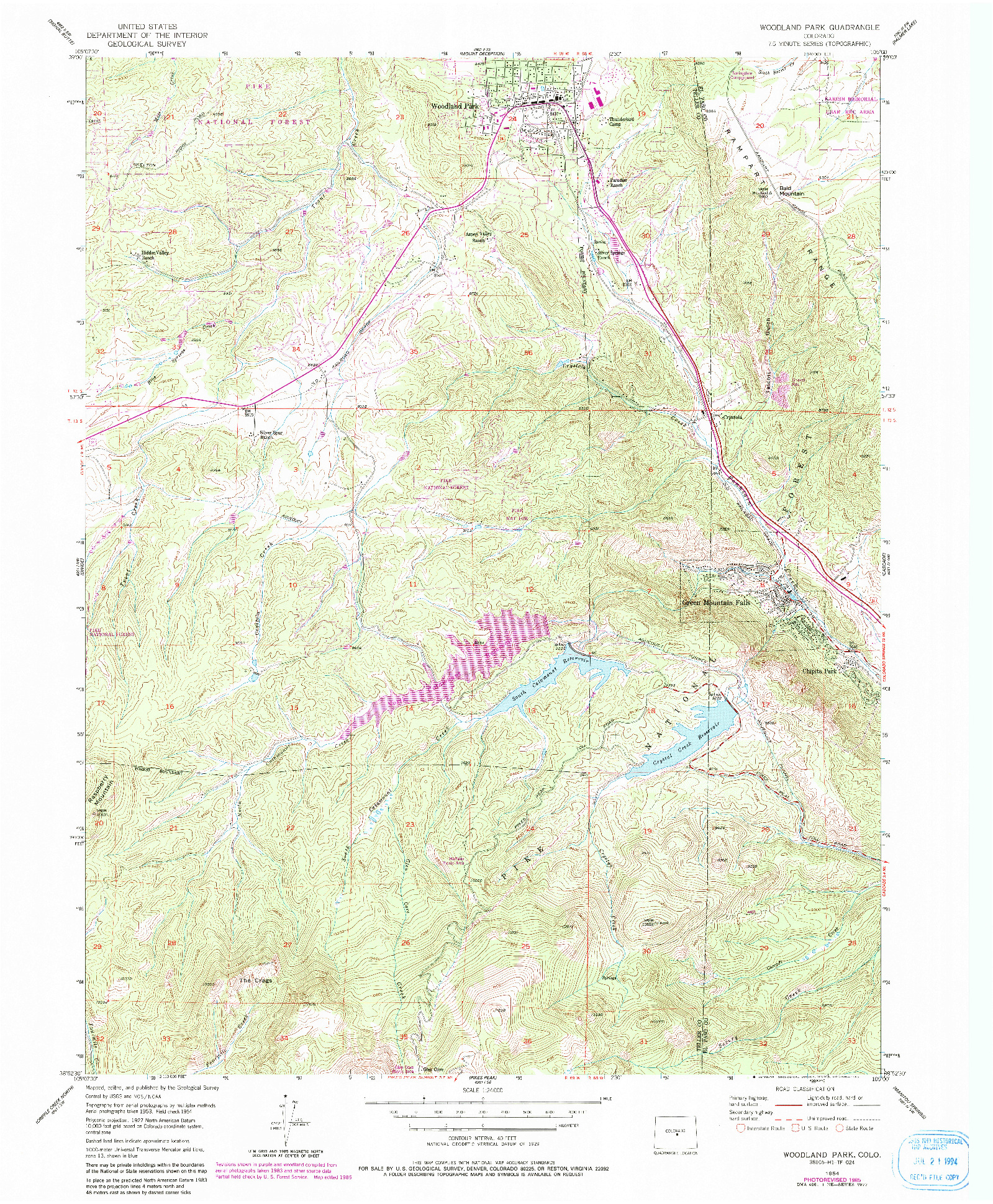 USGS 1:24000-SCALE QUADRANGLE FOR WOODLAND PARK, CO 1954