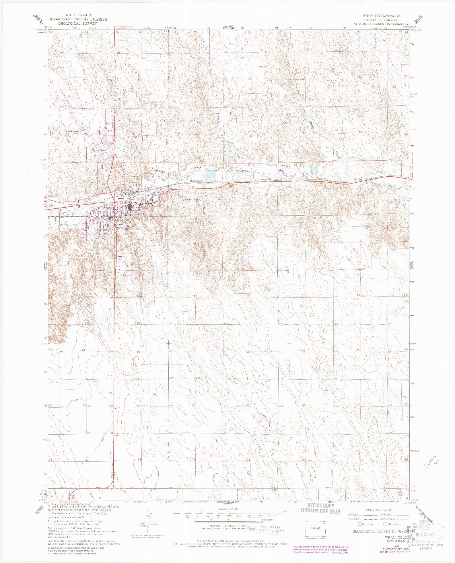 USGS 1:24000-SCALE QUADRANGLE FOR WRAY, CO 1961