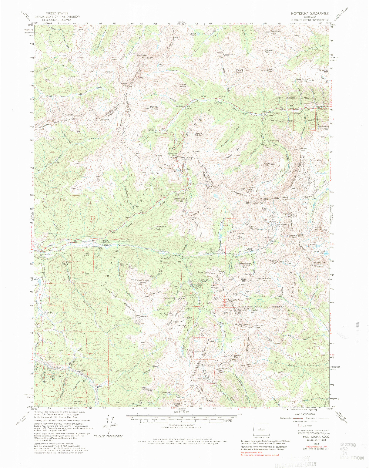USGS 1:62500-SCALE QUADRANGLE FOR MONTEZUMA, CO 1958