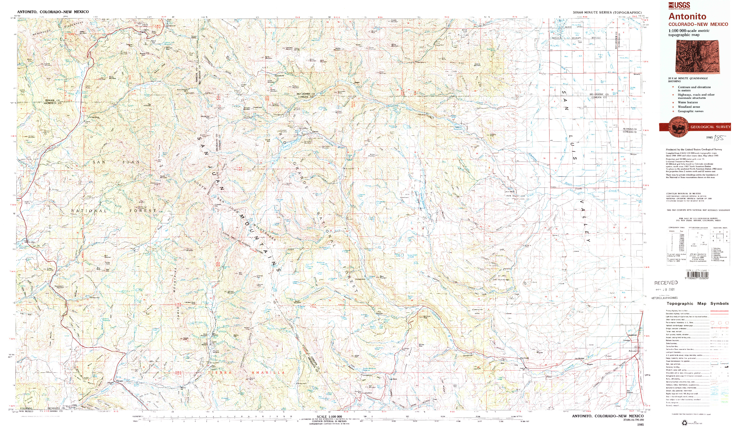 USGS 1:100000-SCALE QUADRANGLE FOR ANTONITO, CO 1985
