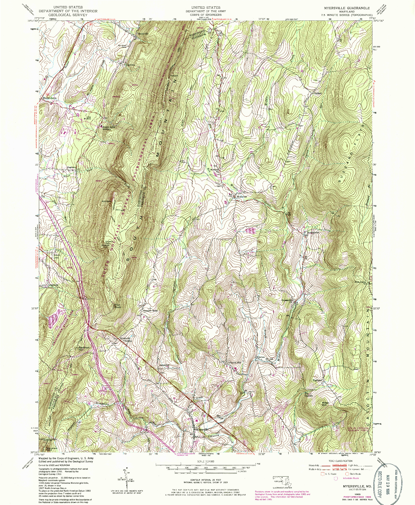 USGS 1:24000-SCALE QUADRANGLE FOR MYERSVILLE, MD 1953