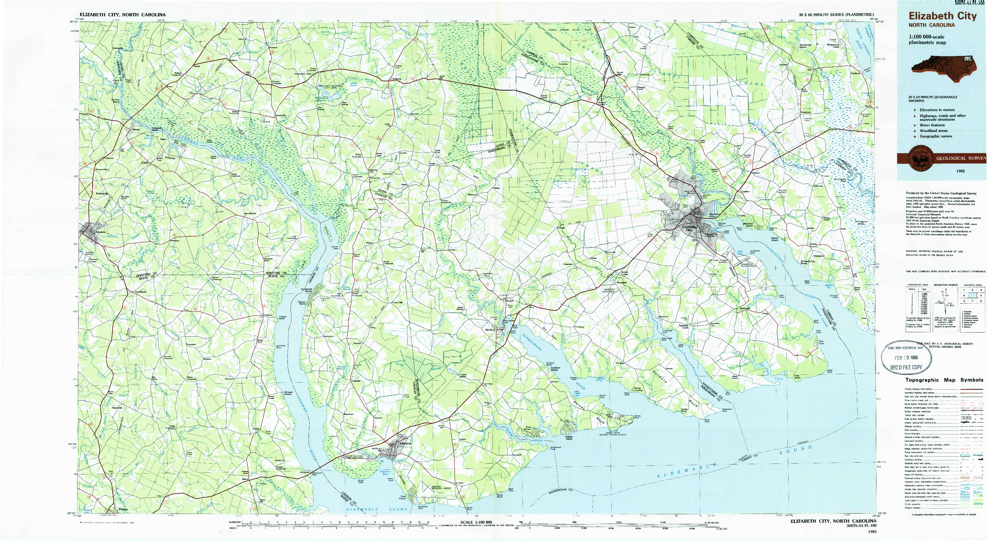 USGS 1:100000-SCALE QUADRANGLE FOR ELIZABETH CITY, NC 1985