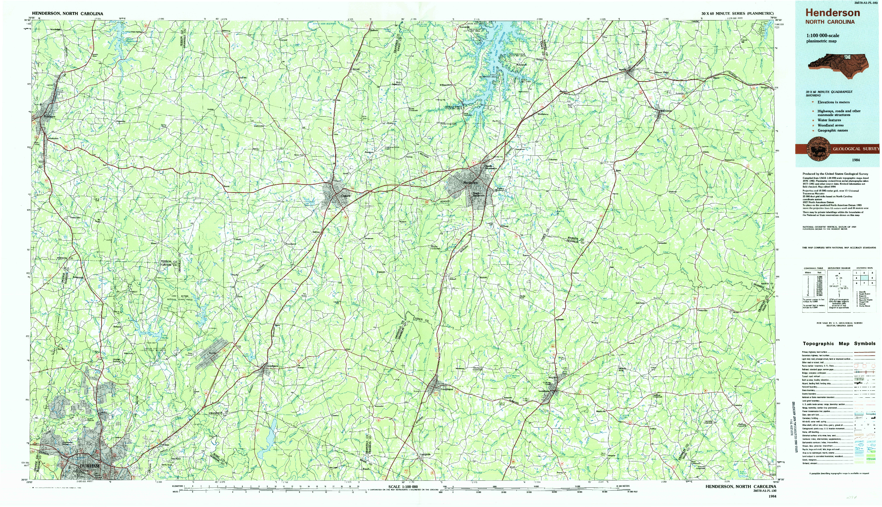 USGS 1:100000-SCALE QUADRANGLE FOR HENDERSON, NC 1984