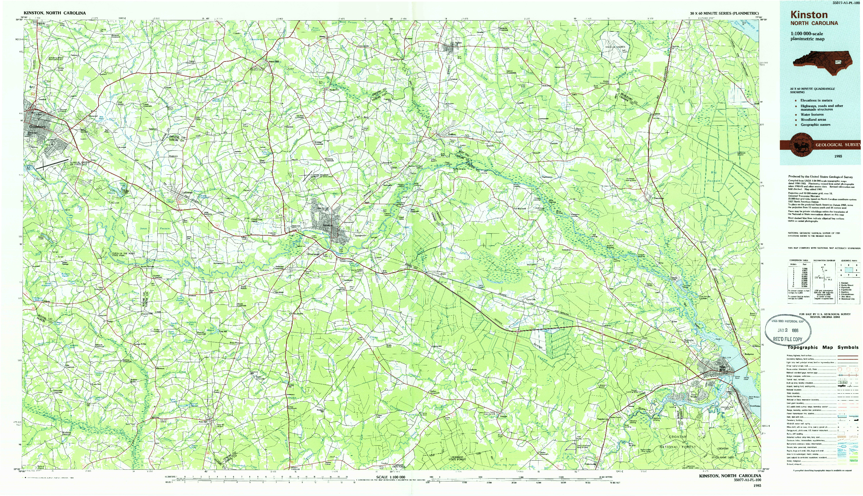 USGS 1:100000-SCALE QUADRANGLE FOR KINSTON, NC 1985