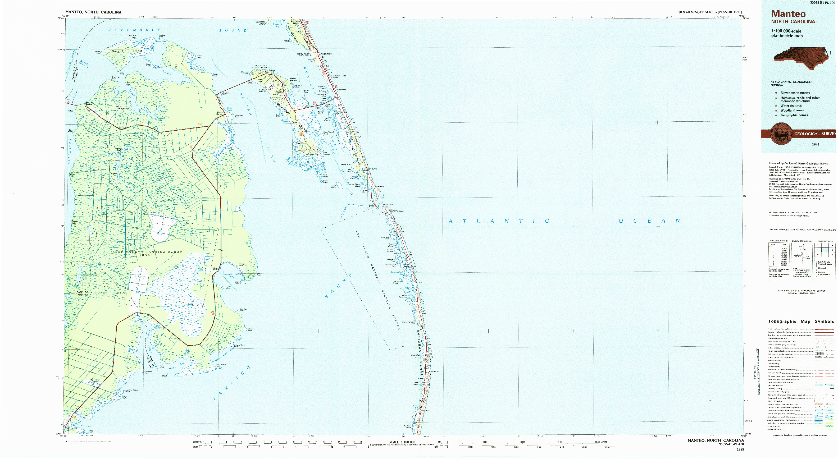 USGS 1:100000-SCALE QUADRANGLE FOR MANTEO, NC 1985