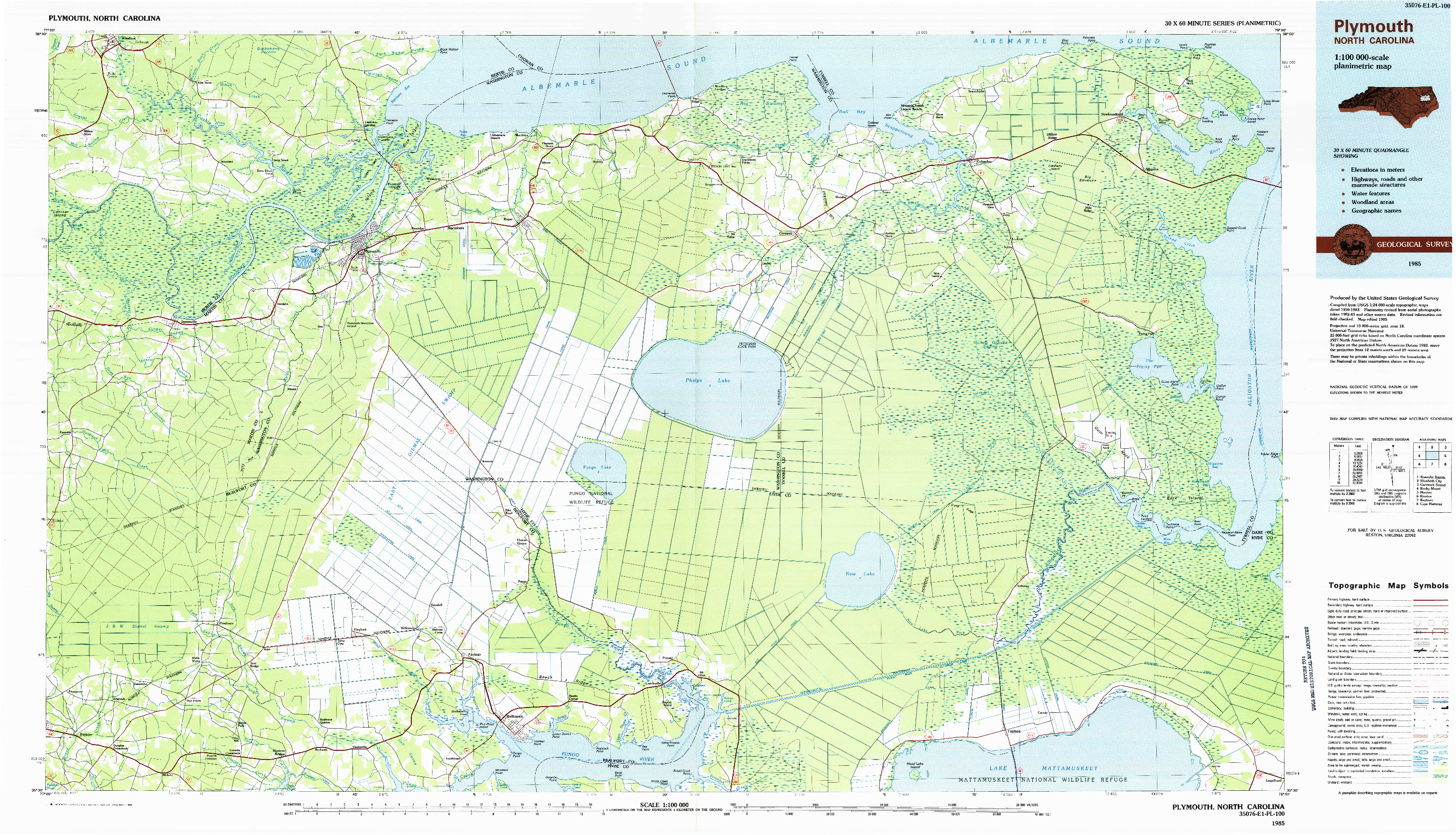USGS 1:100000-SCALE QUADRANGLE FOR PLYMOUTH, NC 1985