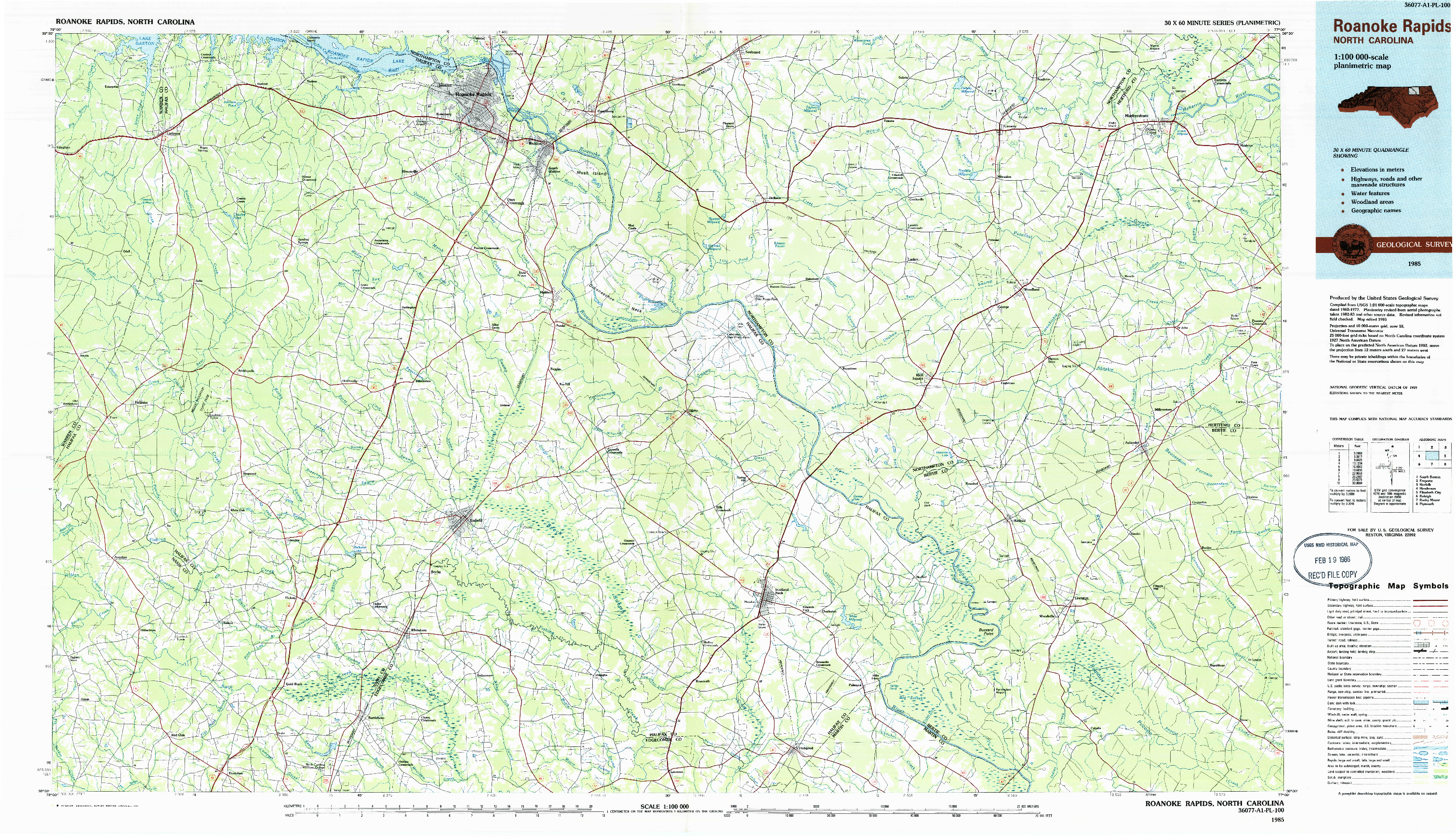 USGS 1:100000-SCALE QUADRANGLE FOR ROANOKE RAPIDS, NC 1985