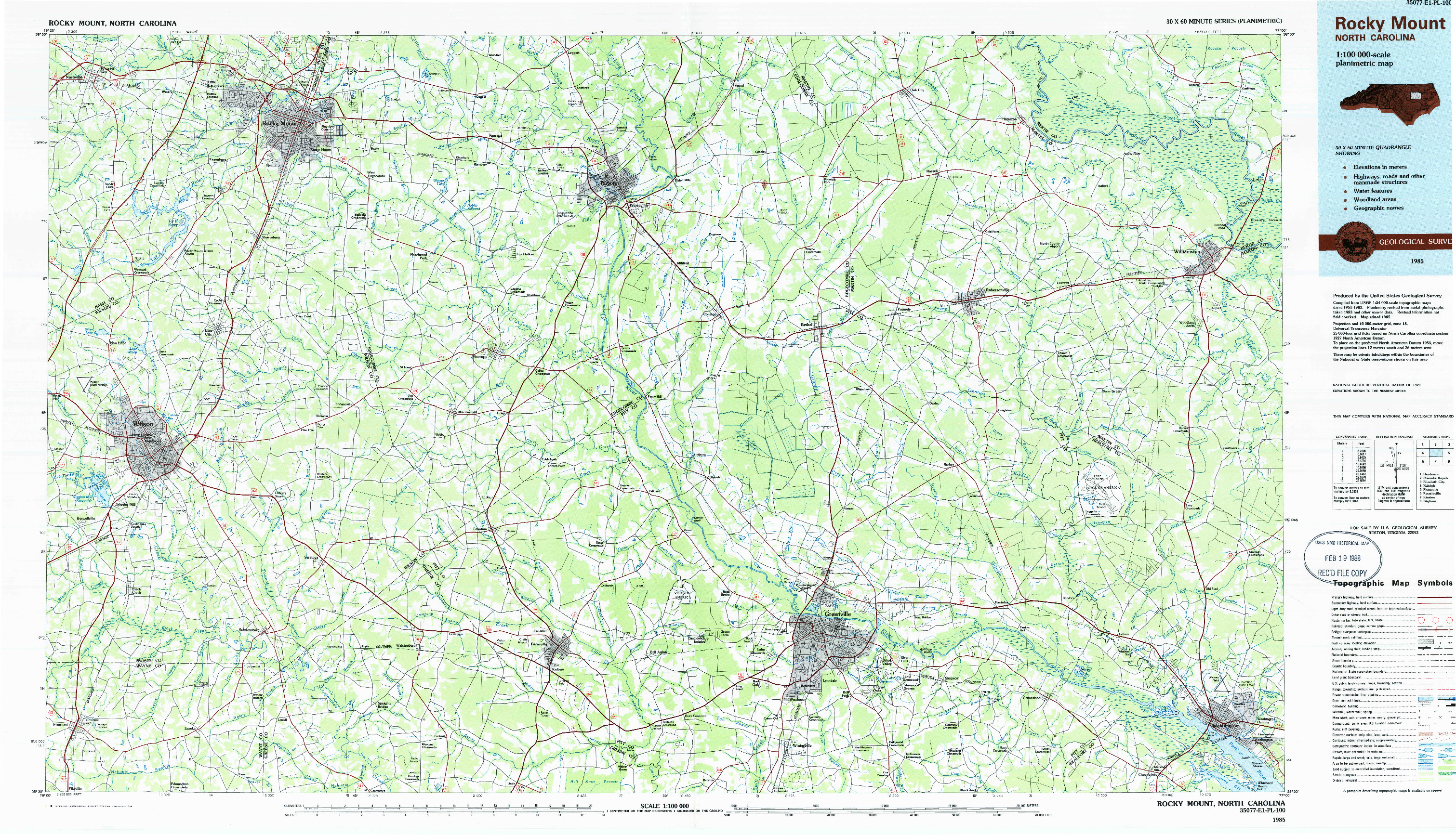 USGS 1:100000-SCALE QUADRANGLE FOR ROCKY MOUNT, NC 1985