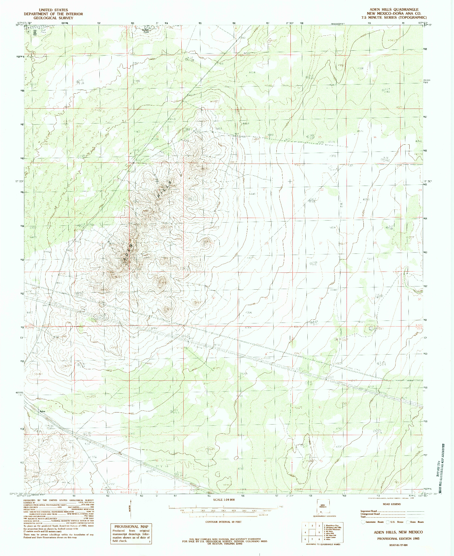 USGS 1:24000-SCALE QUADRANGLE FOR ADEN HILLS, NM 1985
