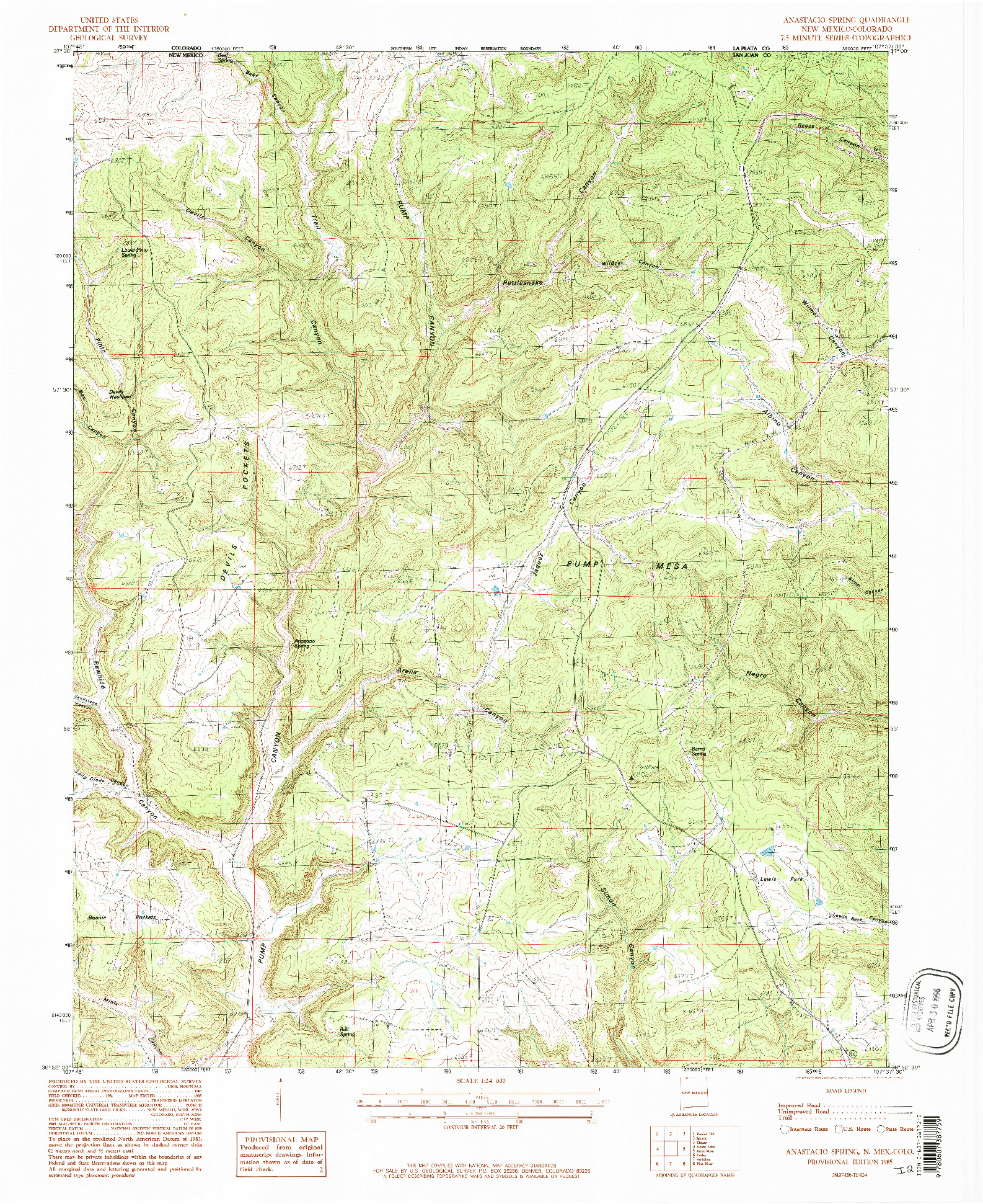 USGS 1:24000-SCALE QUADRANGLE FOR ANASTACIO SPRING, NM 1985