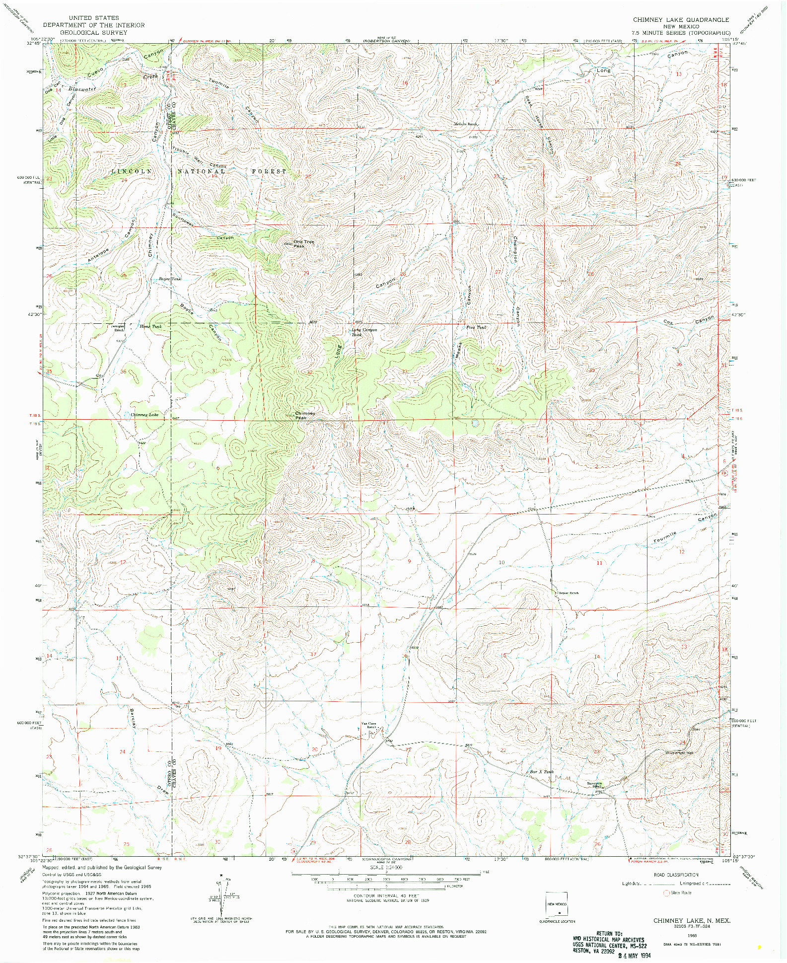 USGS 1:24000-SCALE QUADRANGLE FOR CHIMNEY LAKE, NM 1965