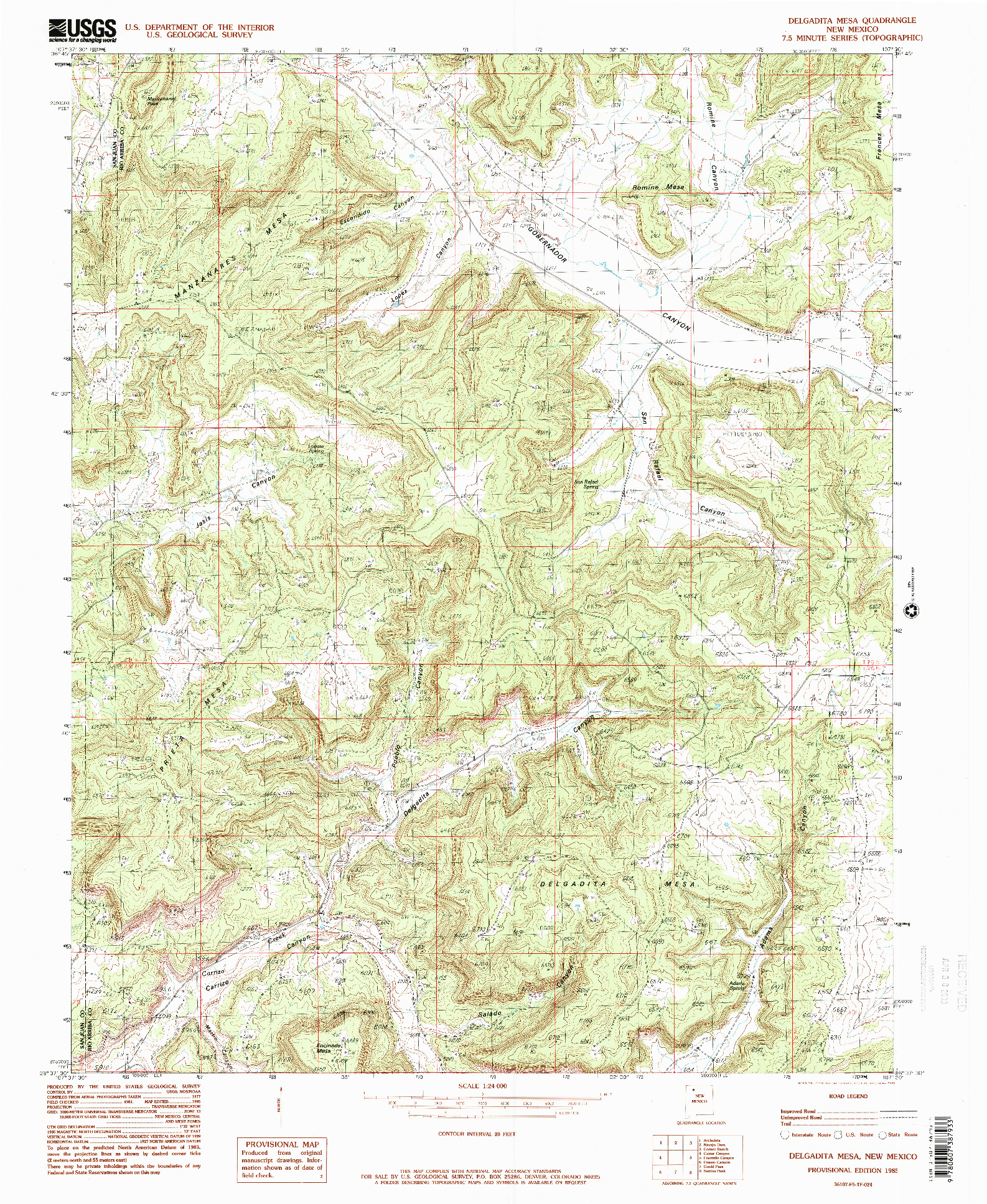 USGS 1:24000-SCALE QUADRANGLE FOR DELGADITA MESA, NM 1985