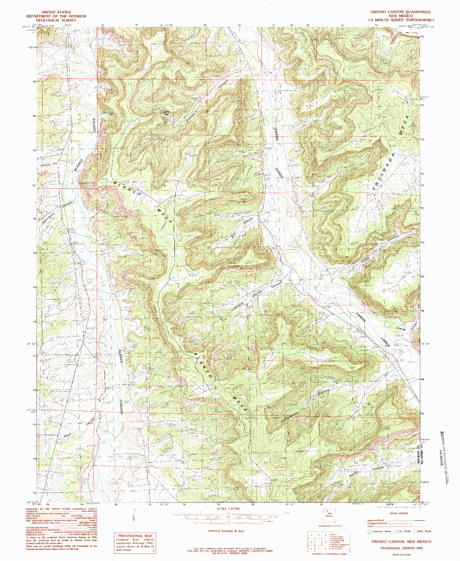 USGS 1:24000-SCALE QUADRANGLE FOR FRESNO CANYON, NM 1985