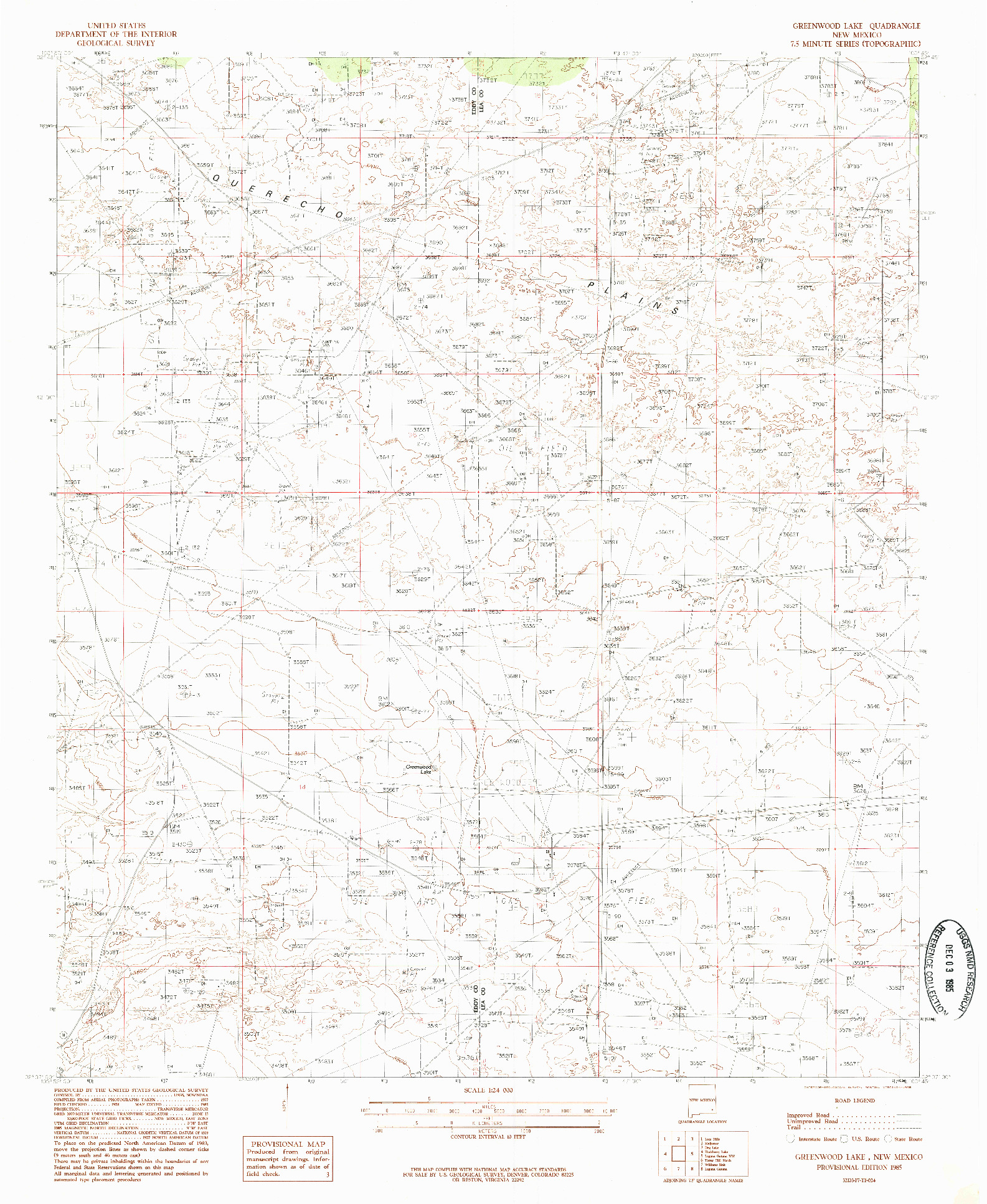 USGS 1:24000-SCALE QUADRANGLE FOR GREENWOOD LAKE, NM 1985