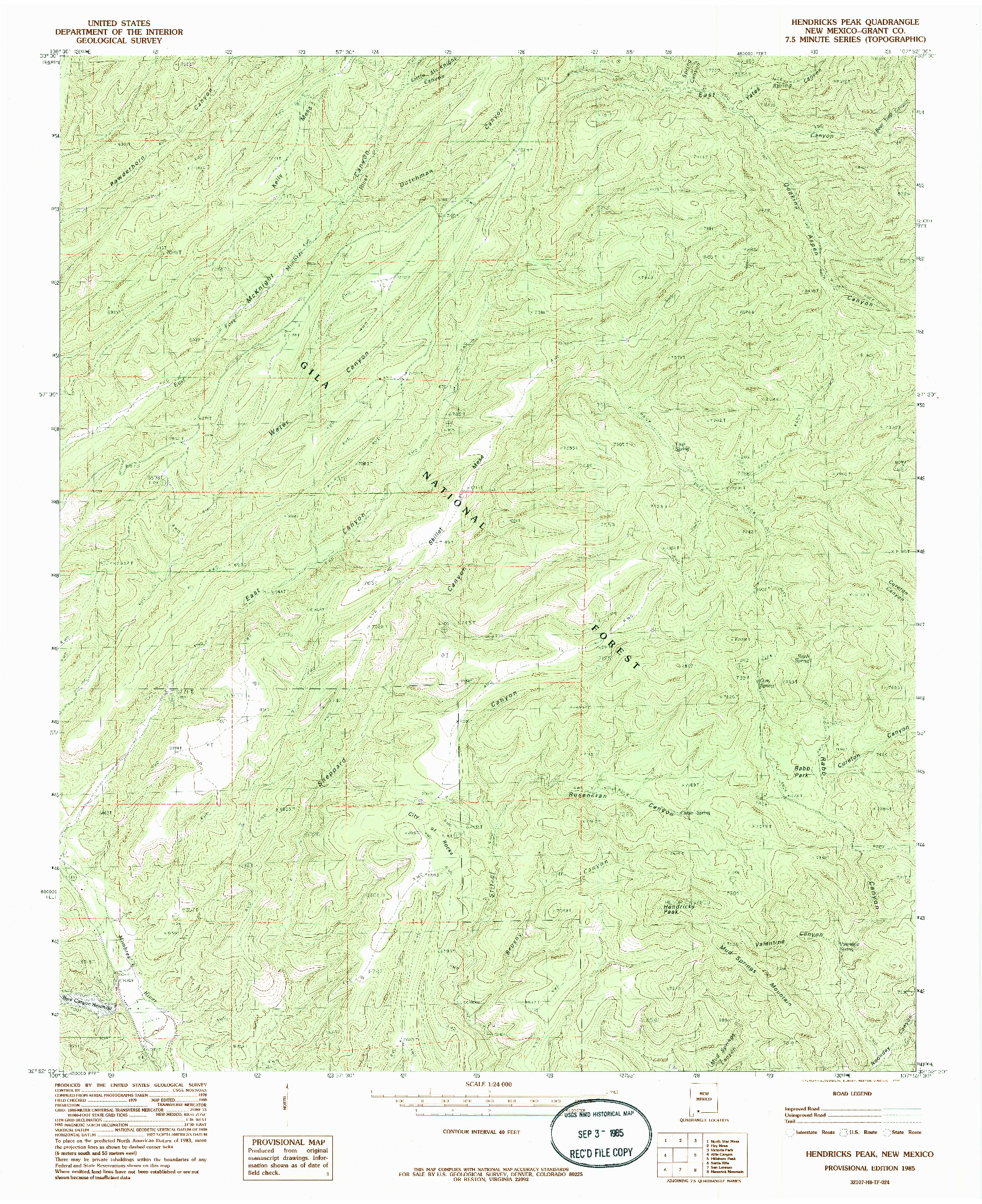 USGS 1:24000-SCALE QUADRANGLE FOR HENDRICKS PEAK, NM 1985