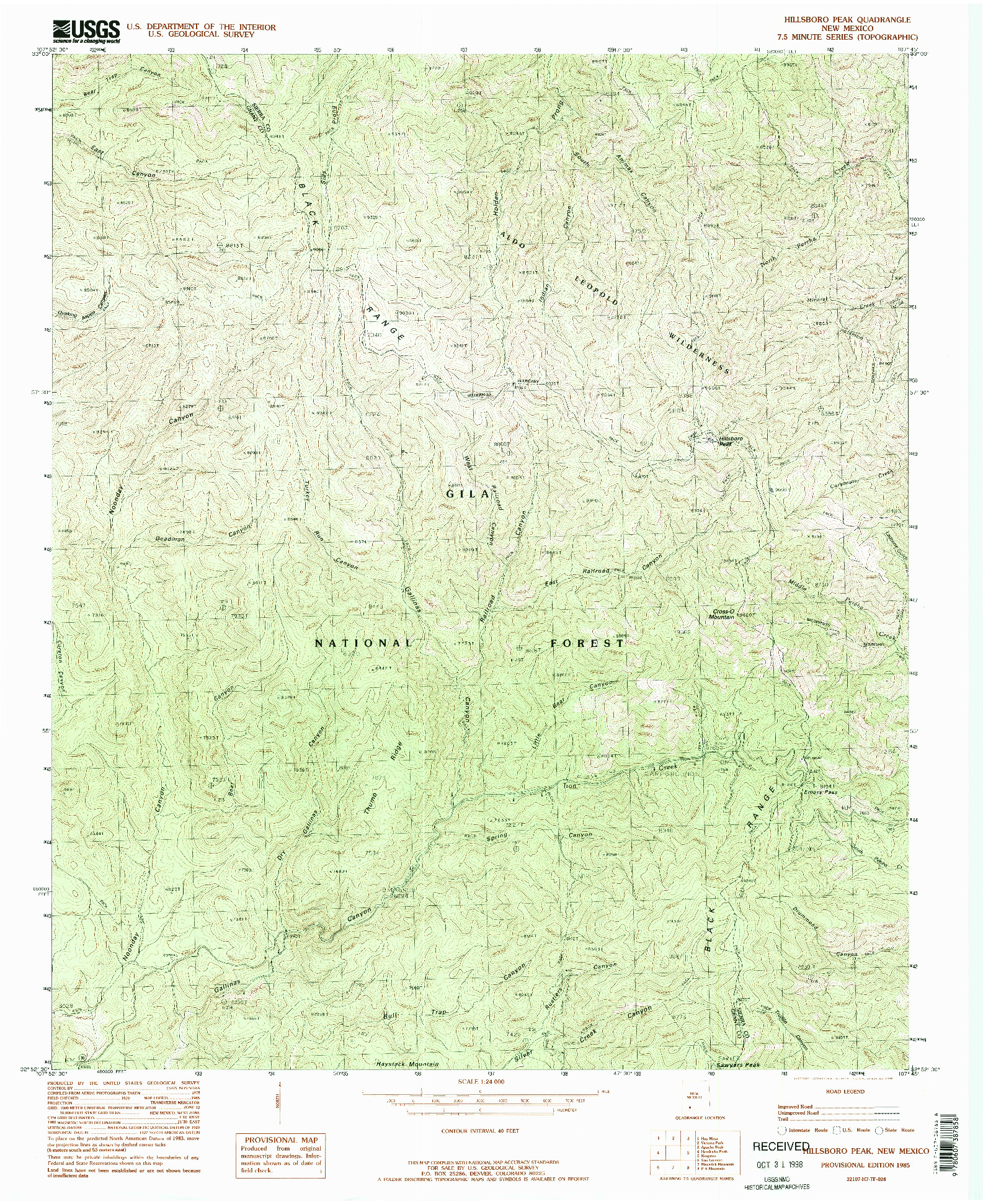 USGS 1:24000-SCALE QUADRANGLE FOR HILLSBORO PEAK, NM 1985