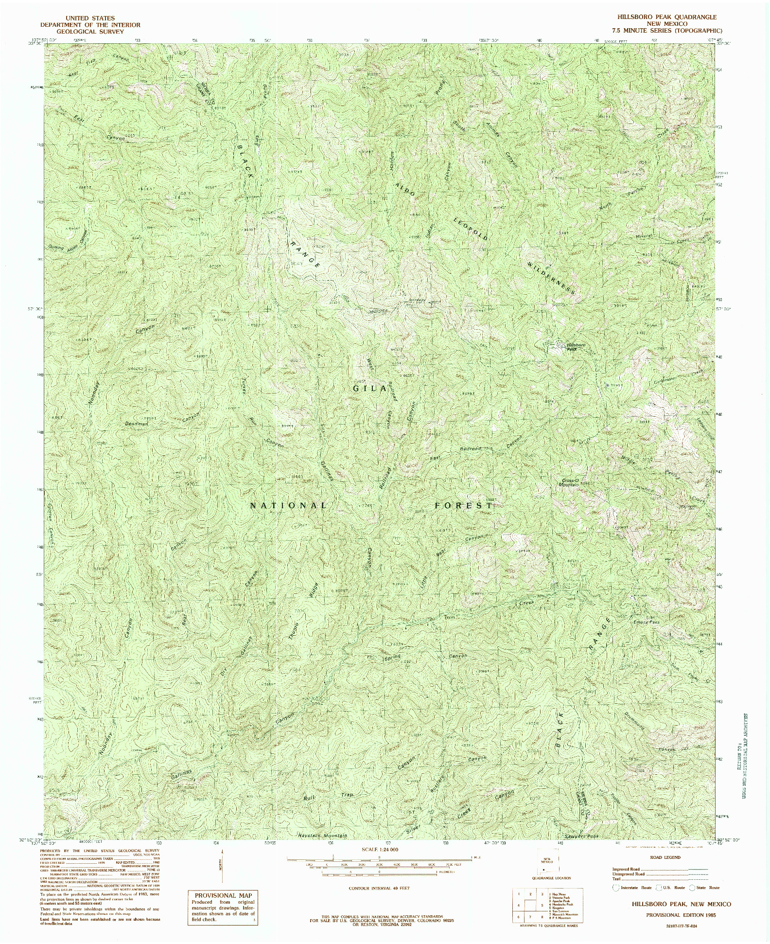 USGS 1:24000-SCALE QUADRANGLE FOR HILLSBORO PEAK, NM 1985