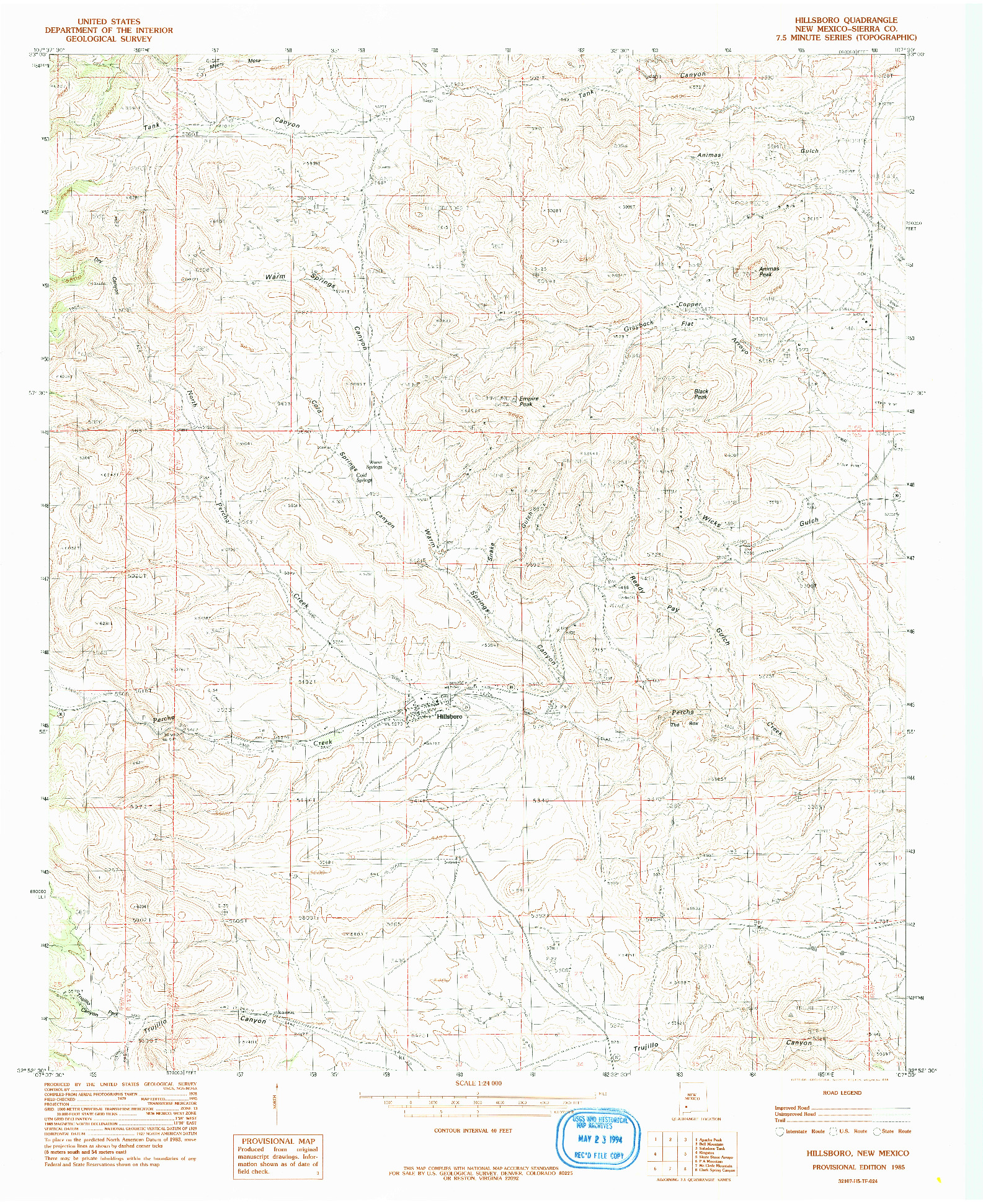 USGS 1:24000-SCALE QUADRANGLE FOR HILLSBORO, NM 1985