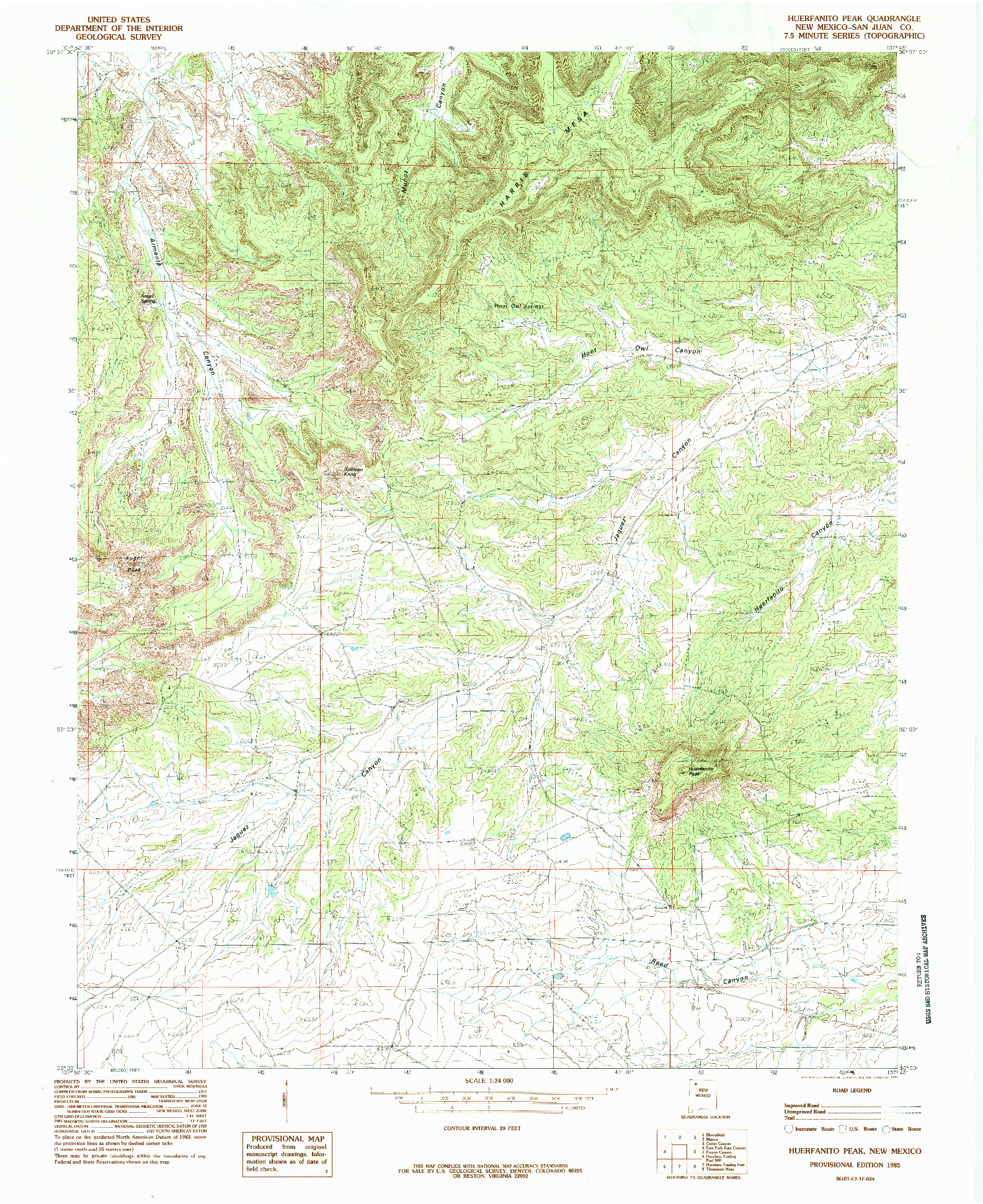 USGS 1:24000-SCALE QUADRANGLE FOR HUERFANITO PEAK, NM 1985