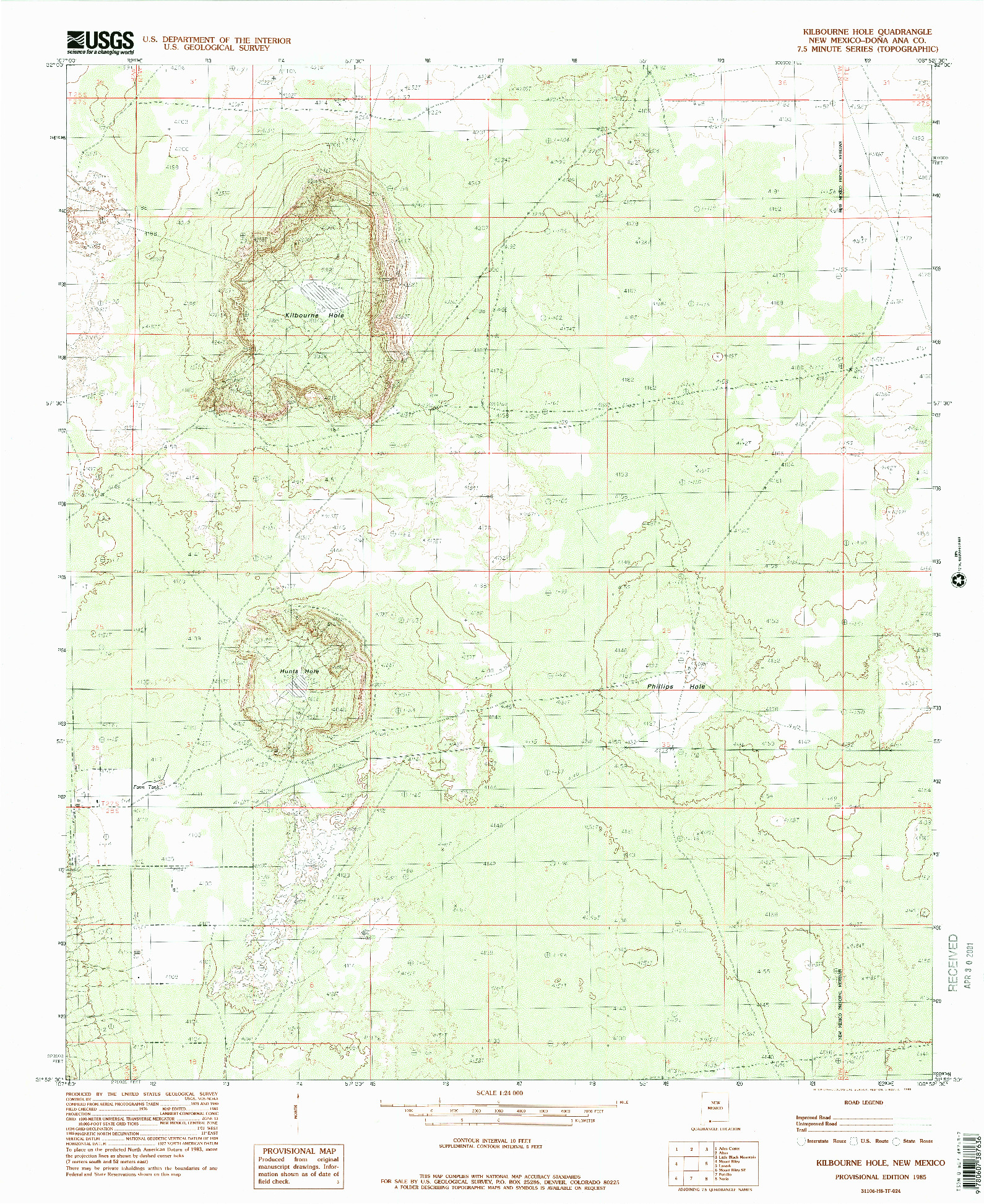 USGS 1:24000-SCALE QUADRANGLE FOR KILBOURNE HOLE, NM 1985