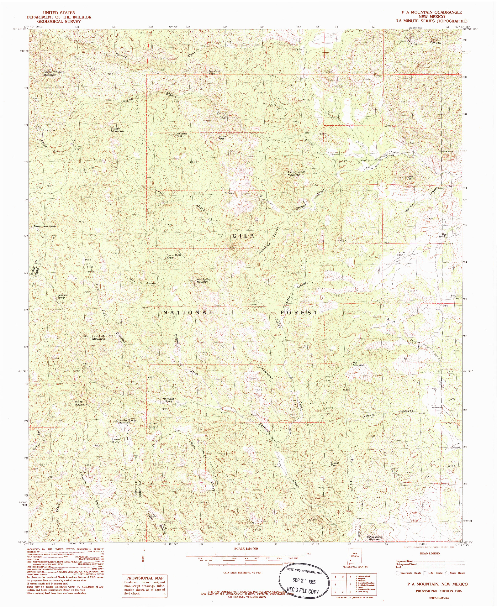USGS 1:24000-SCALE QUADRANGLE FOR P A MOUNTAIN, NM 1985