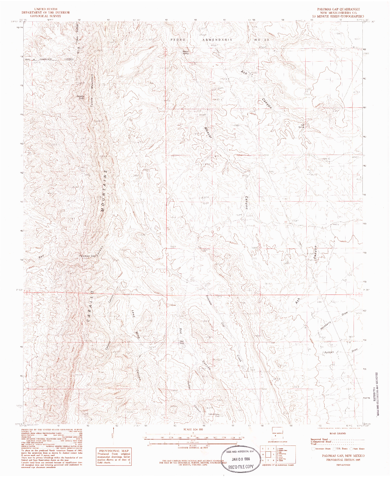 USGS 1:24000-SCALE QUADRANGLE FOR PALOMAS GAP, NM 1985