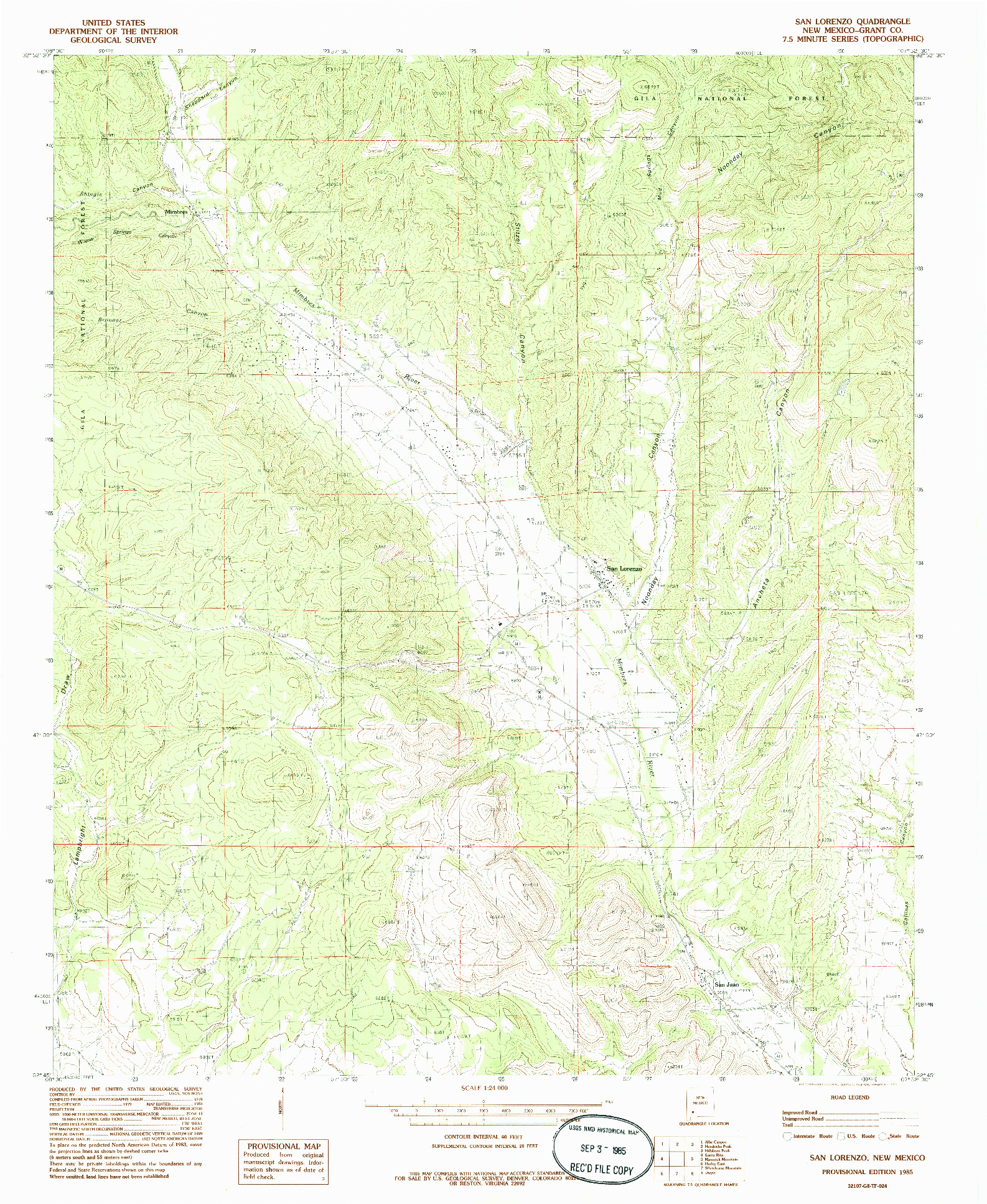 USGS 1:24000-SCALE QUADRANGLE FOR SAN LORENZO, NM 1985