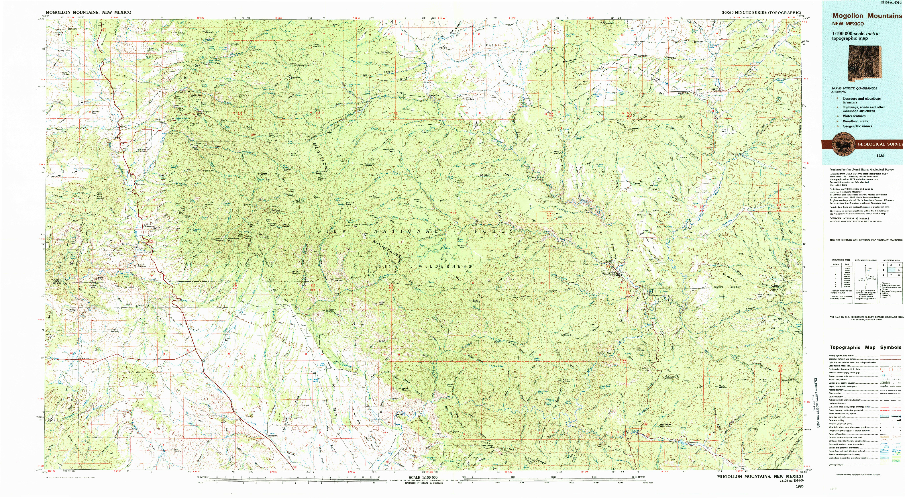 USGS 1:100000-SCALE QUADRANGLE FOR MOGOLLON MOUNTAINS, NM 1985