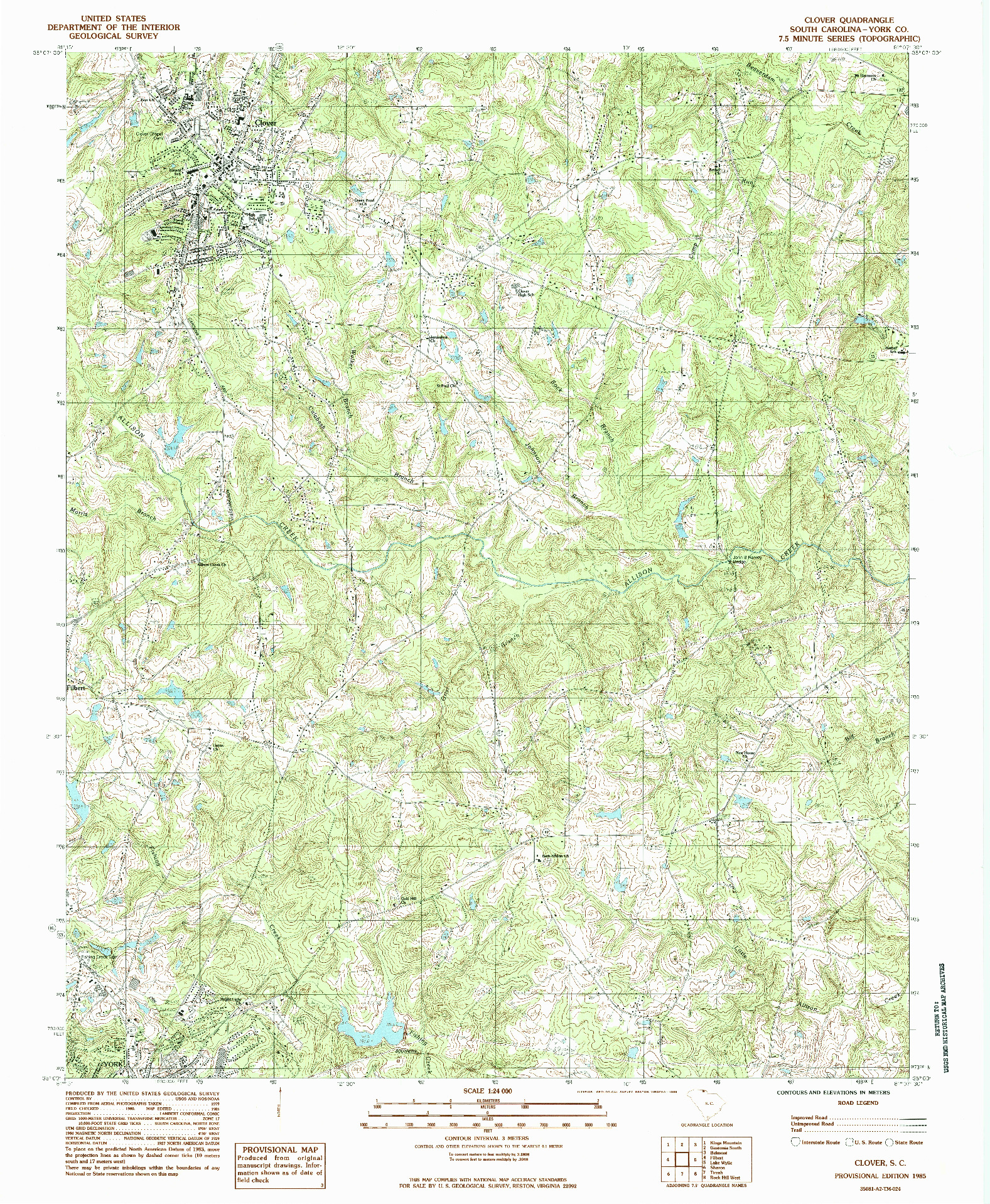 USGS 1:24000-SCALE QUADRANGLE FOR CLOVER, SC 1985