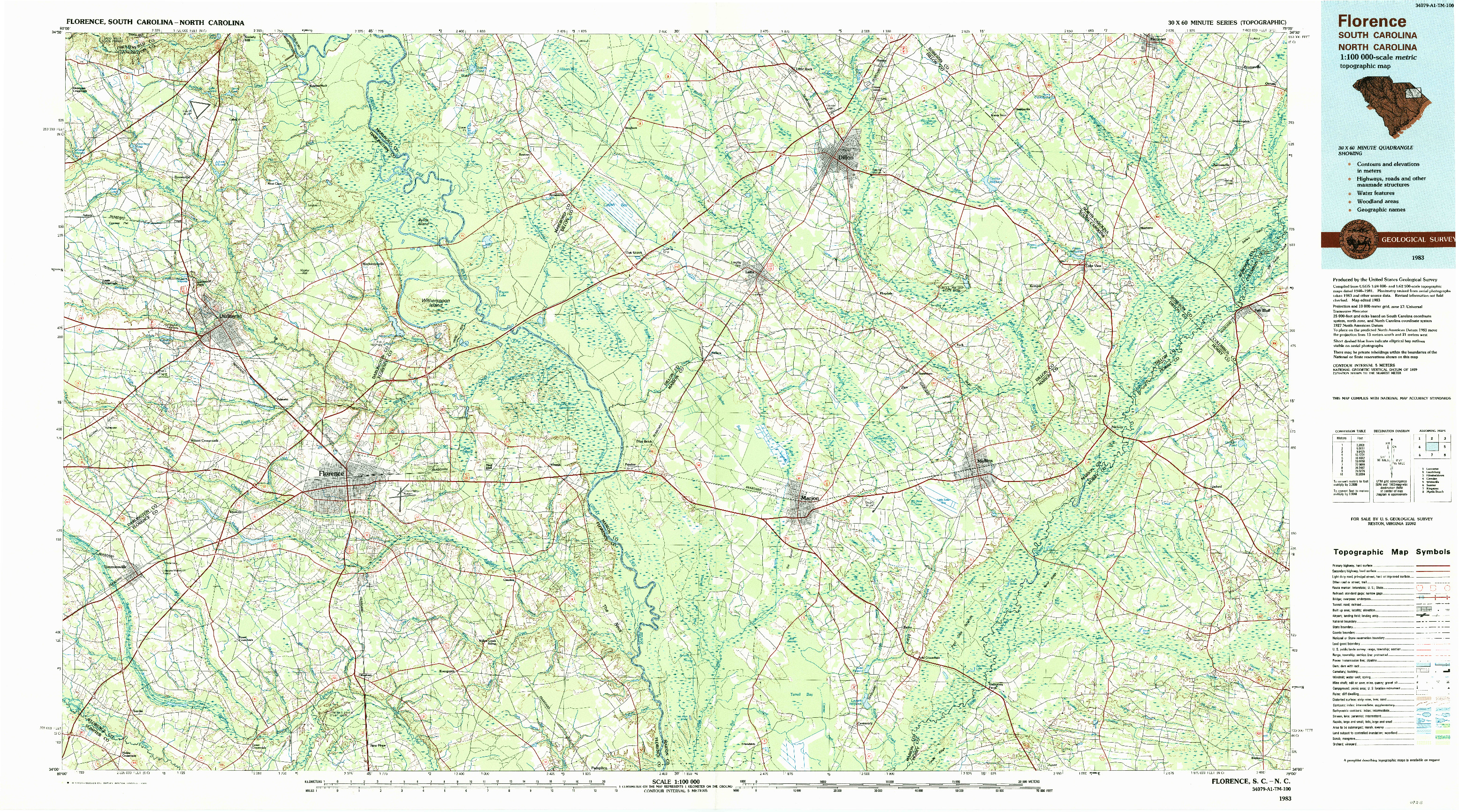 USGS 1:100000-SCALE QUADRANGLE FOR FLORENCE, SC 1983