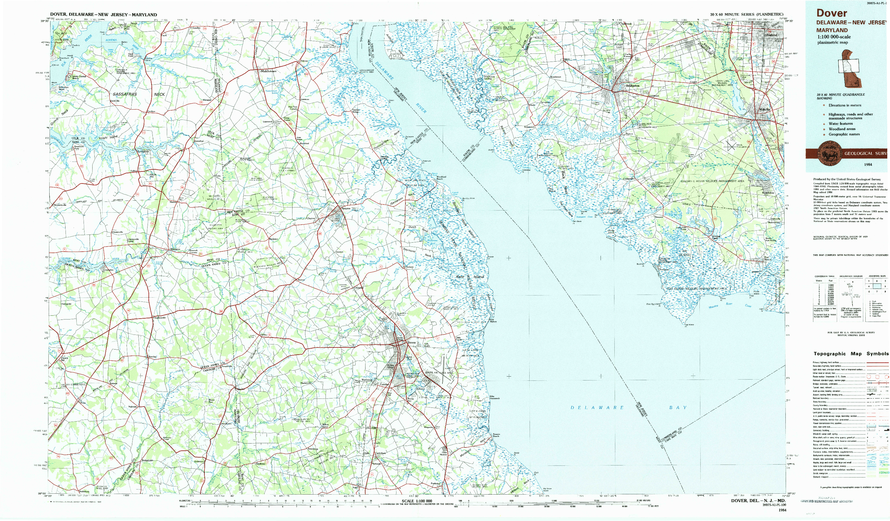 USGS 1:100000-SCALE QUADRANGLE FOR DOVER, DE 1984