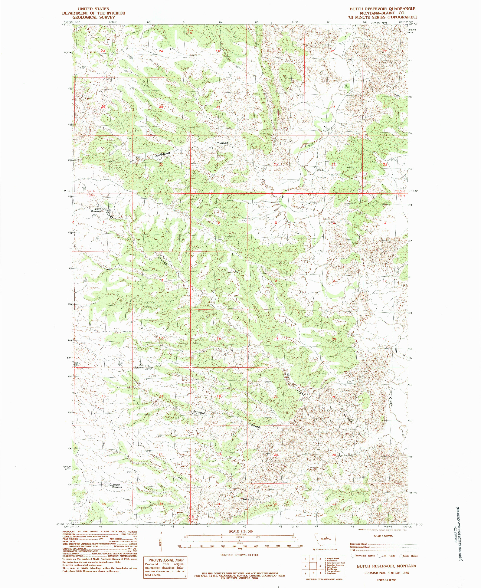 USGS 1:24000-SCALE QUADRANGLE FOR BUTCH RESERVOIR, MT 1985