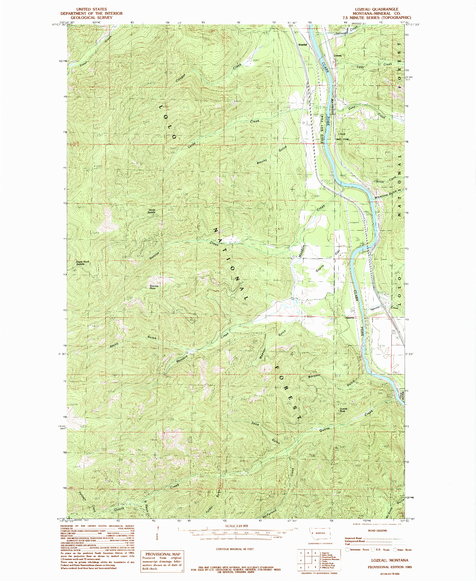USGS 1:24000-SCALE QUADRANGLE FOR LOZEAU, MT 1985
