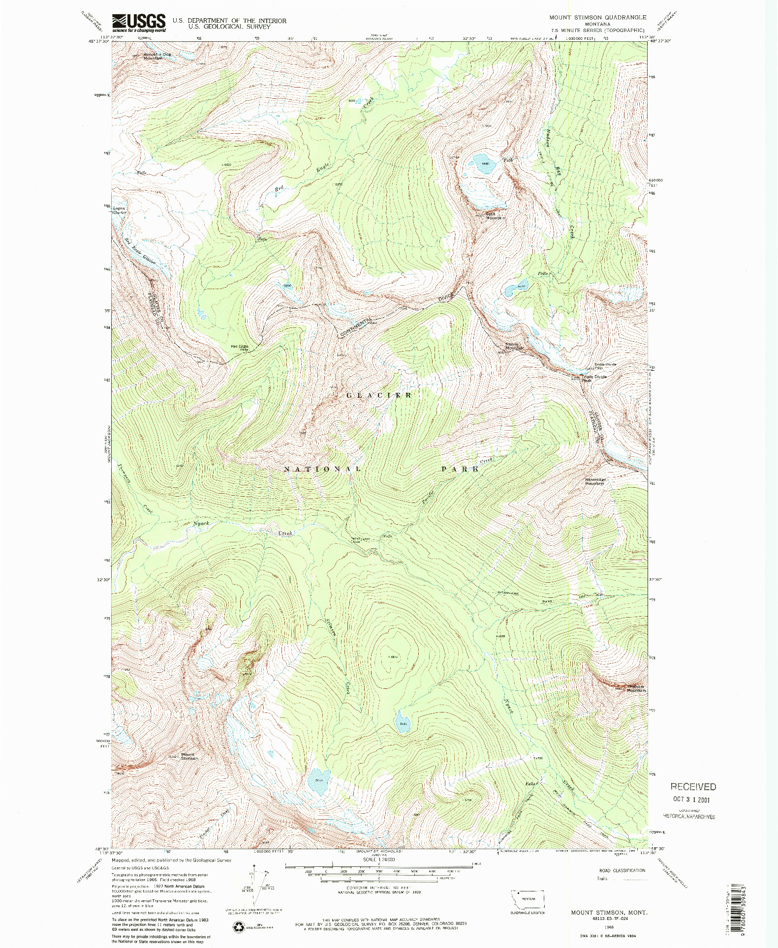 USGS 1:24000-SCALE QUADRANGLE FOR MOUNT STIMSON, MT 1968