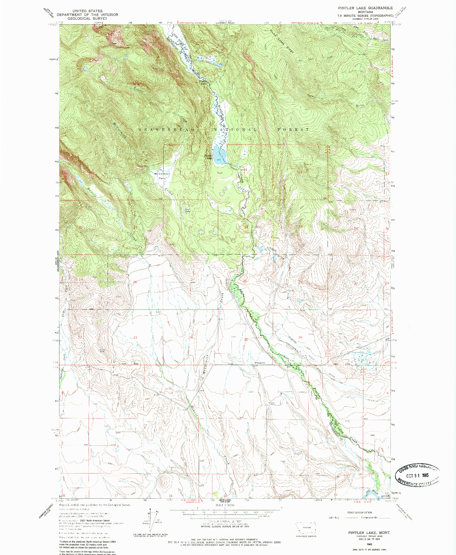 USGS 1:24000-SCALE QUADRANGLE FOR PINTLER LAKE, MT 1962