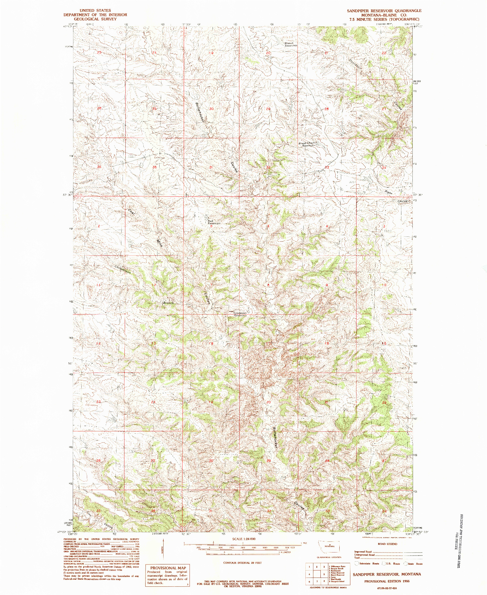 USGS 1:24000-SCALE QUADRANGLE FOR SANDPIPER RESERVOIR, MT 1985