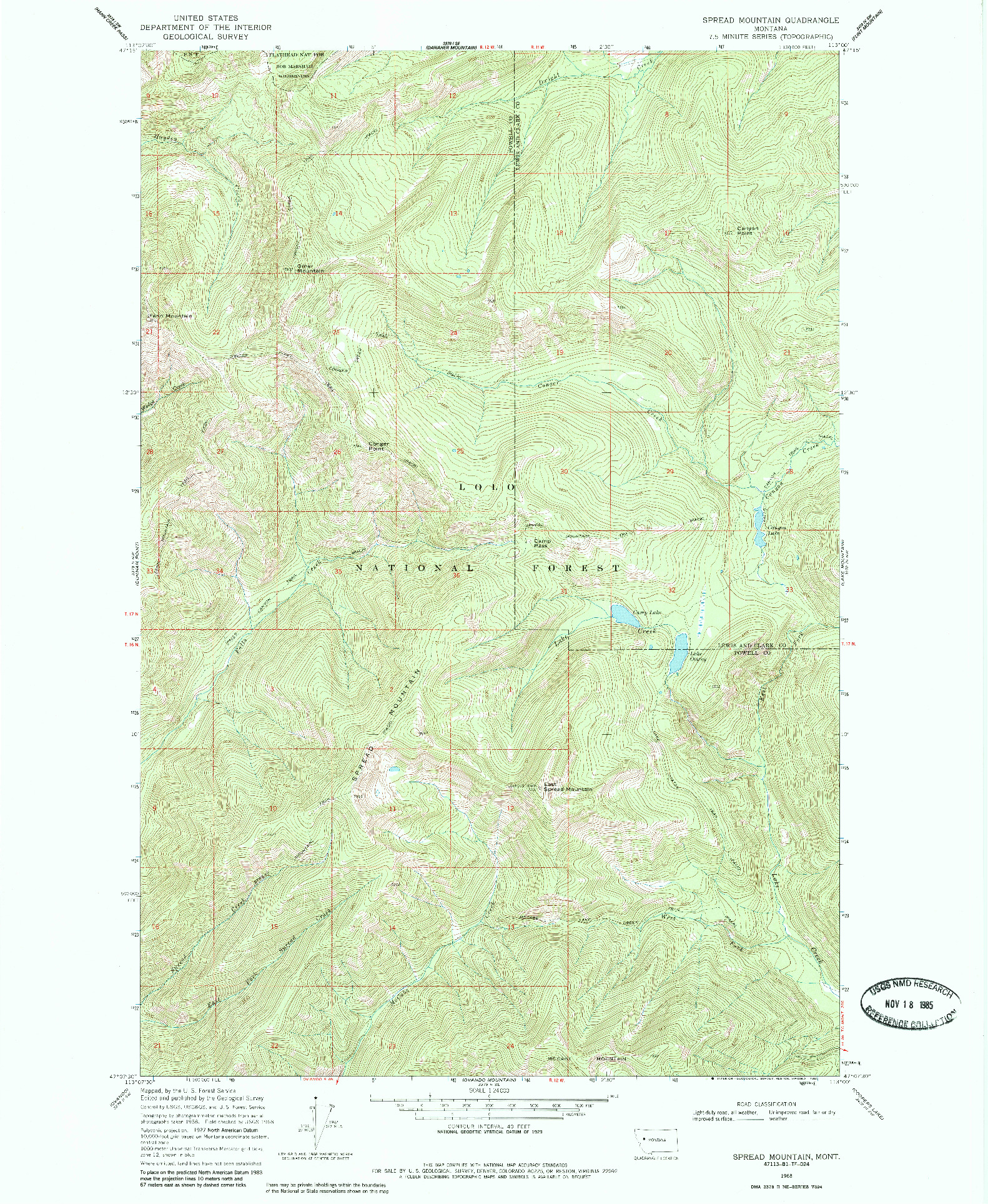 USGS 1:24000-SCALE QUADRANGLE FOR SPREAD MOUNTAIN, MT 1968