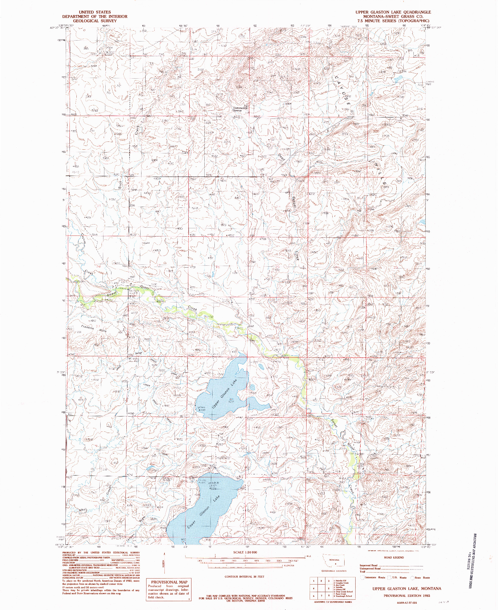 USGS 1:24000-SCALE QUADRANGLE FOR UPPER GLASTON LAKE, MT 1985