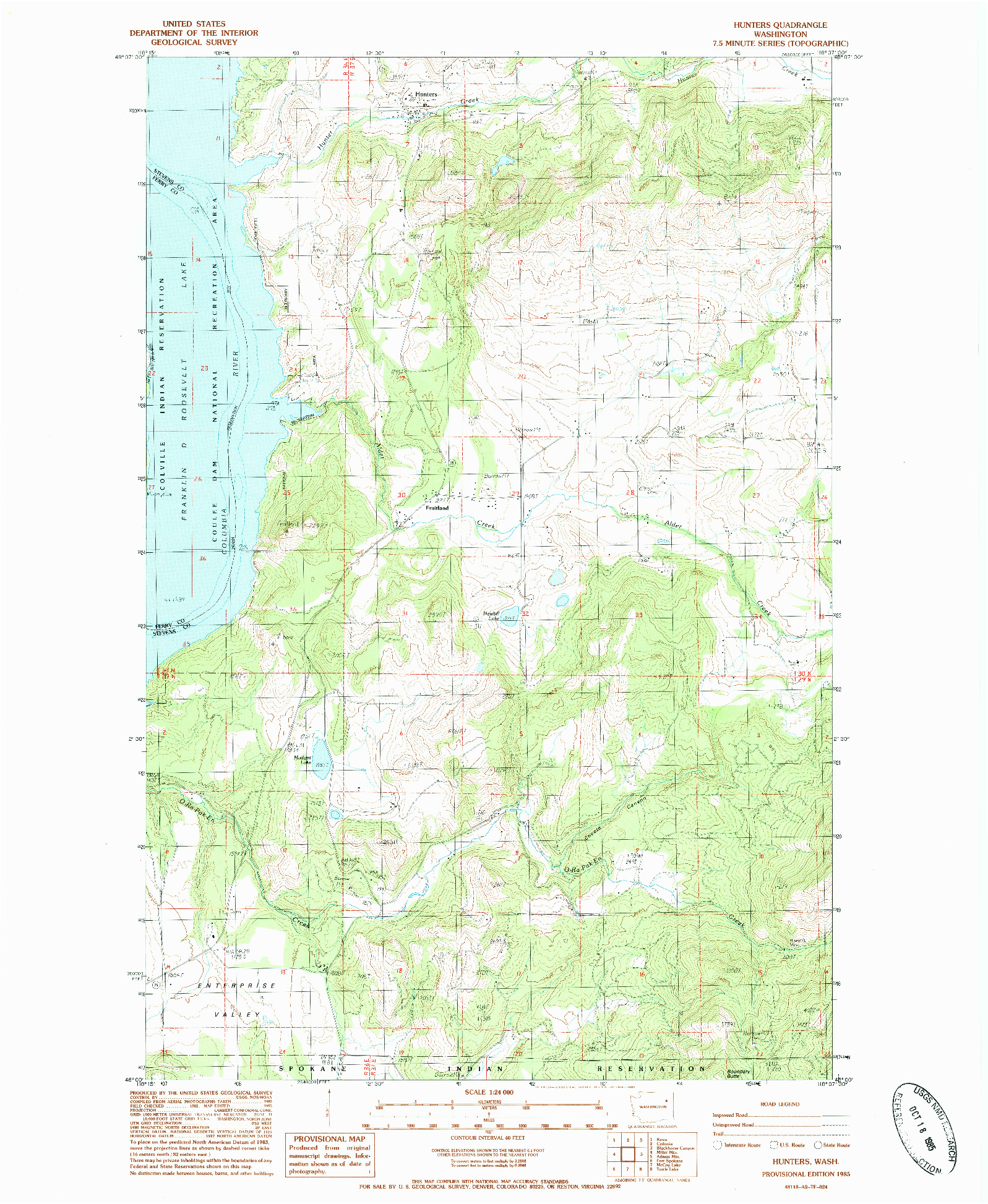 USGS 1:24000-SCALE QUADRANGLE FOR HUNTERS, WA 1985