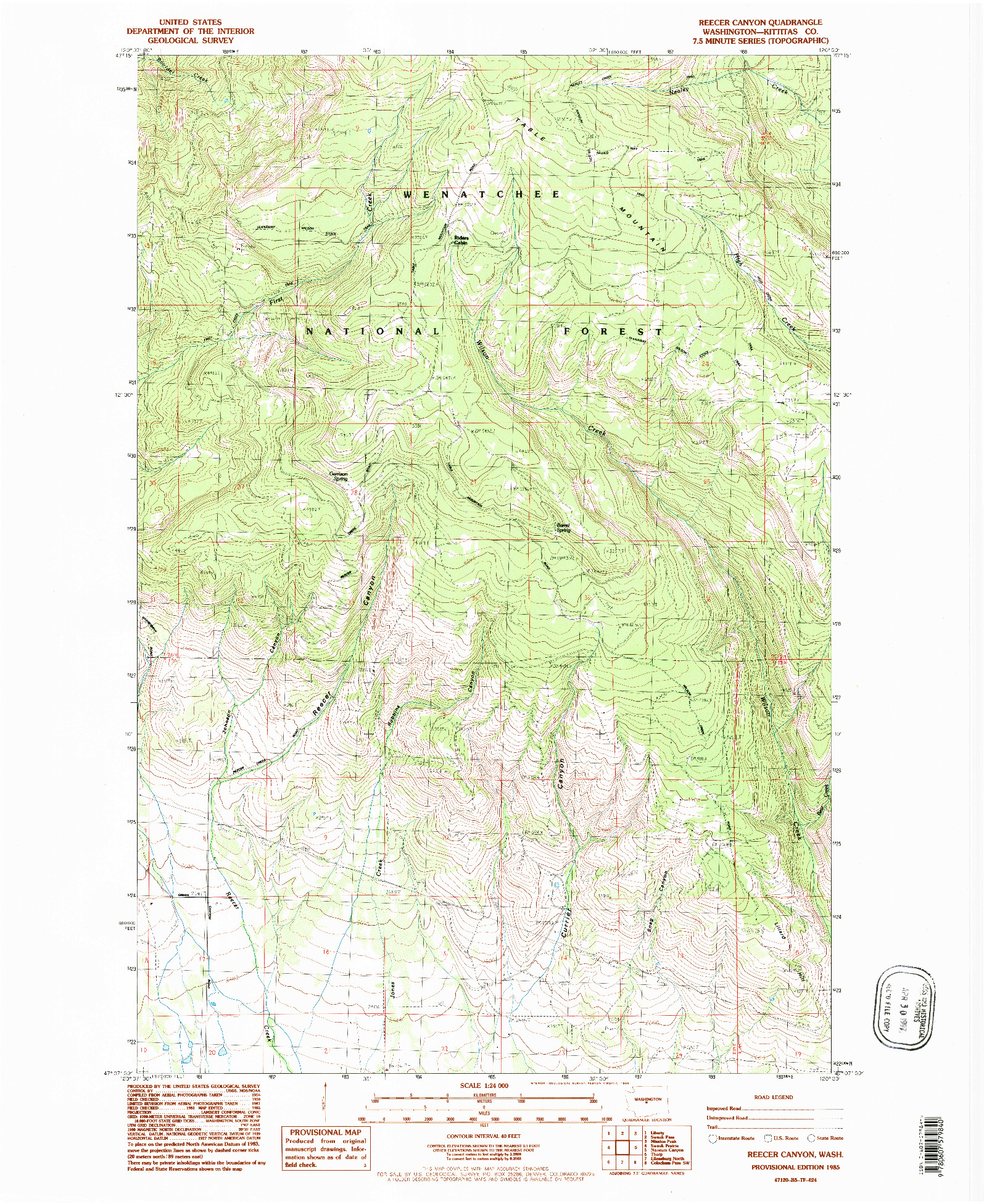USGS 1:24000-SCALE QUADRANGLE FOR REECER CANYON, WA 1985